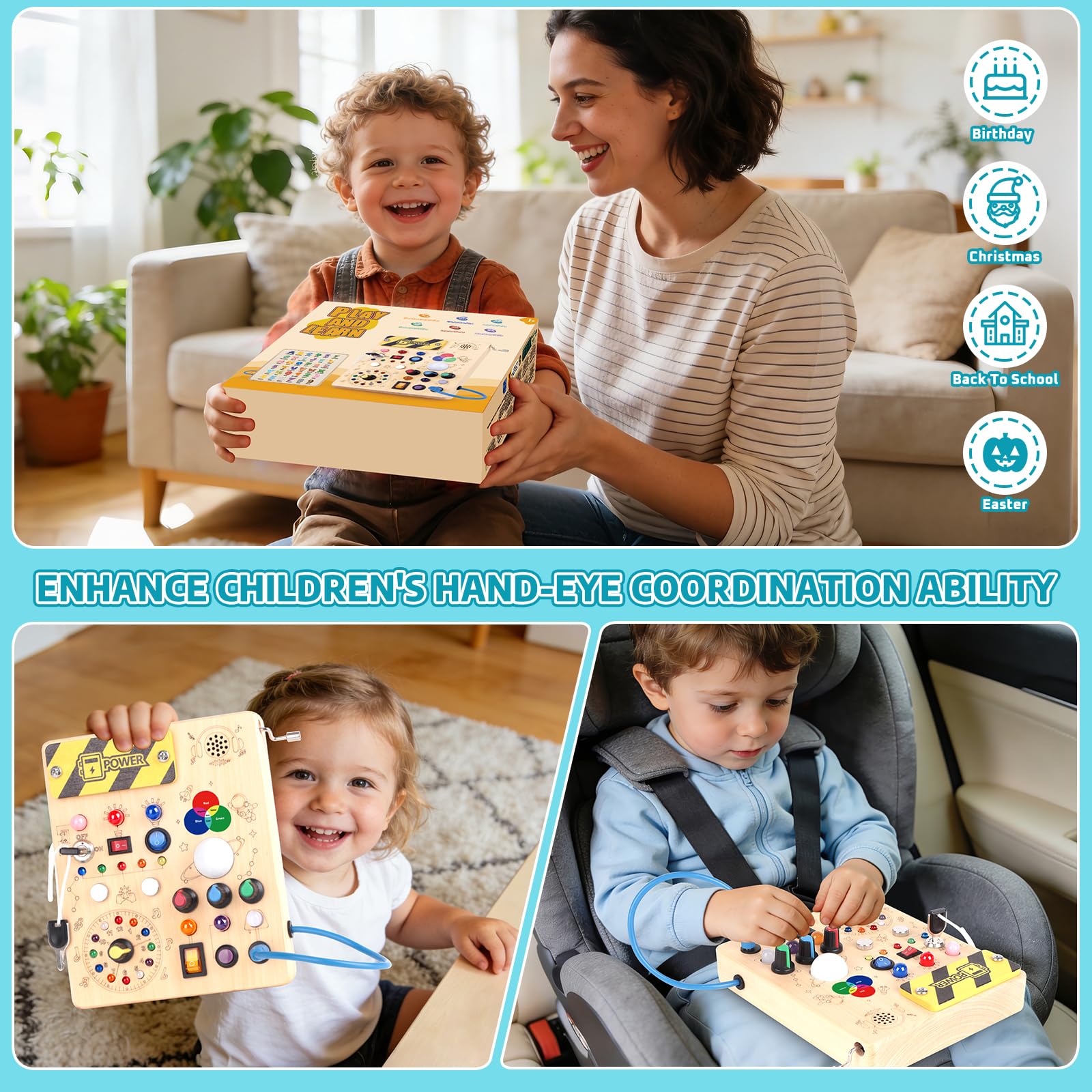 Busy Board Montessori Toys for 1 Year Old Kids Activity Board with 12 Switches and 27 LED Lights Switch Wooden Toys for 1 2 3 Year Old Boys Girls — view 6