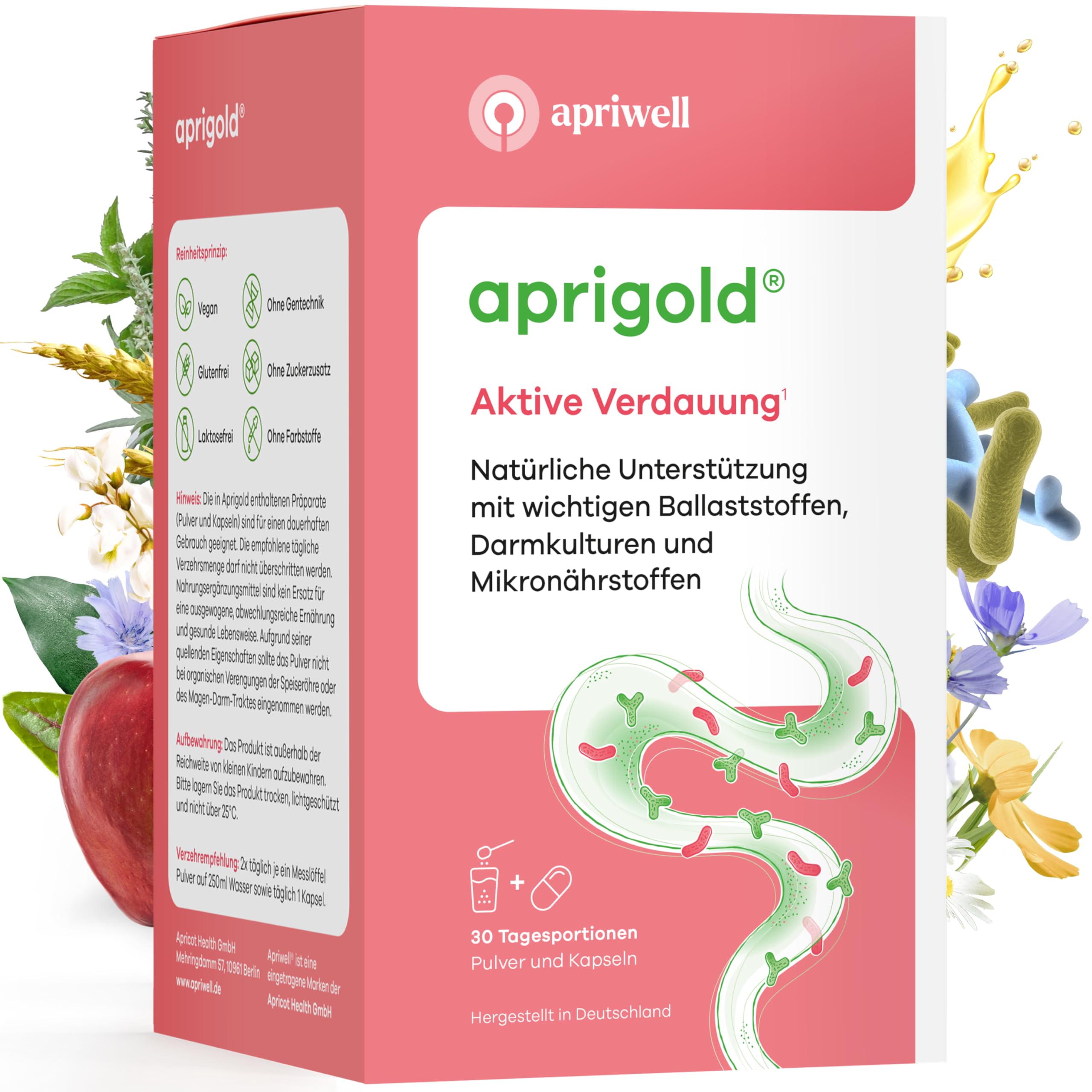 Aprigold aktive Verdauung 30 Portionen – Schwung, Regelmäßigkeit & Geschmeidigkeit für Verdauung und Stuhlgang – Mit Ballaststoffen & Darmbakterien – 420g Pulver & 30 Kapseln