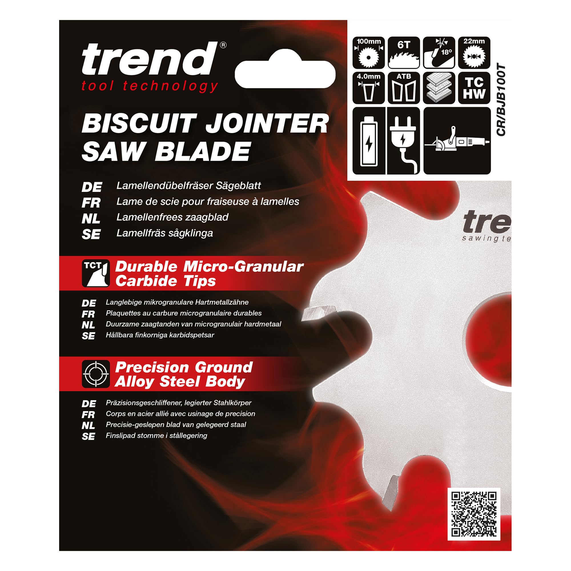 Trend Lama per giuntatrice biscotti 100 mm x 22 mm, 6T, TCT | Lama TCT di precisione per giuntatrici biscotti, Ø100 mm, foro 22 mm, 6 denti e +18° di gancio, CR/BJB100T