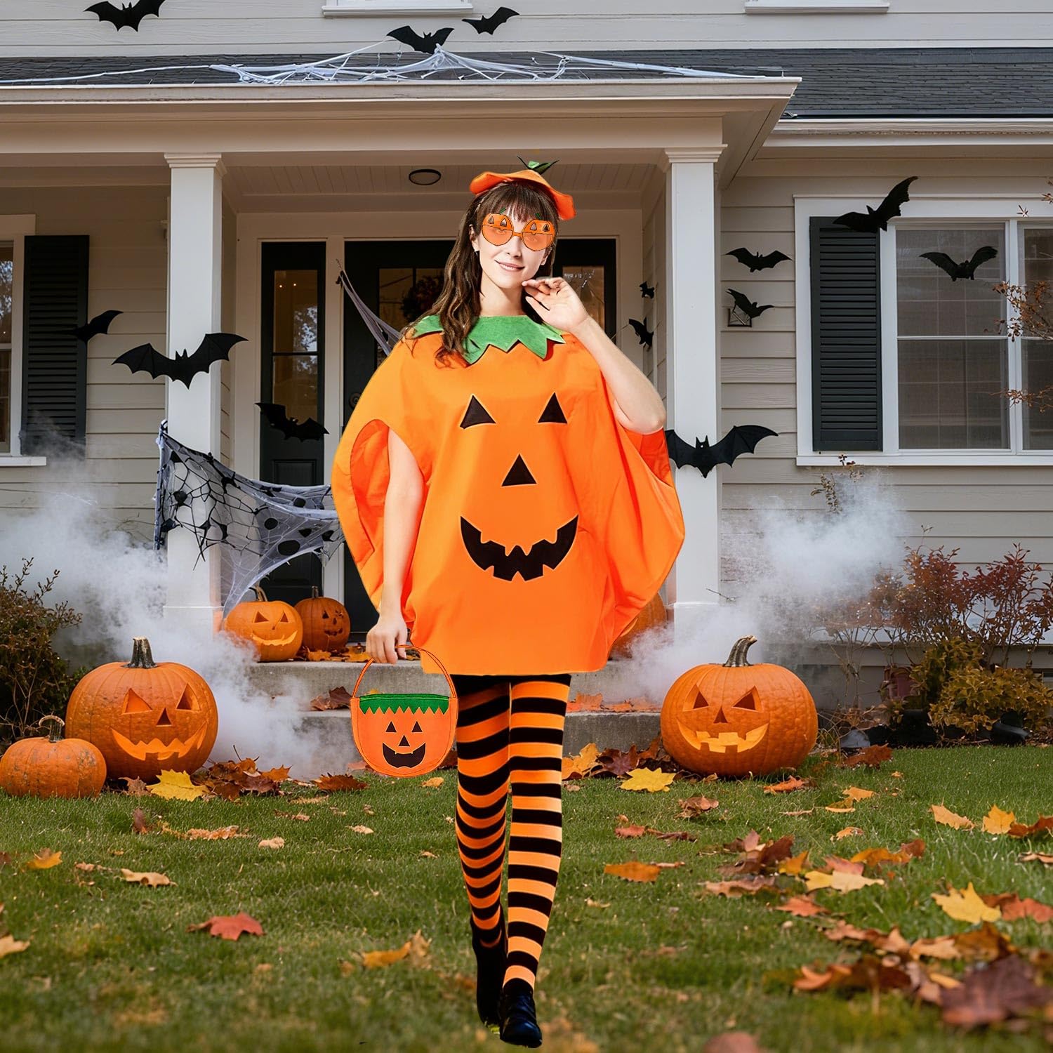Everpwr Halloween Pumpkin Costume Set for Adults Women, 5 PCS Fancy Dress with Pumpkin Outfit, Hat, Glasses - Image 4