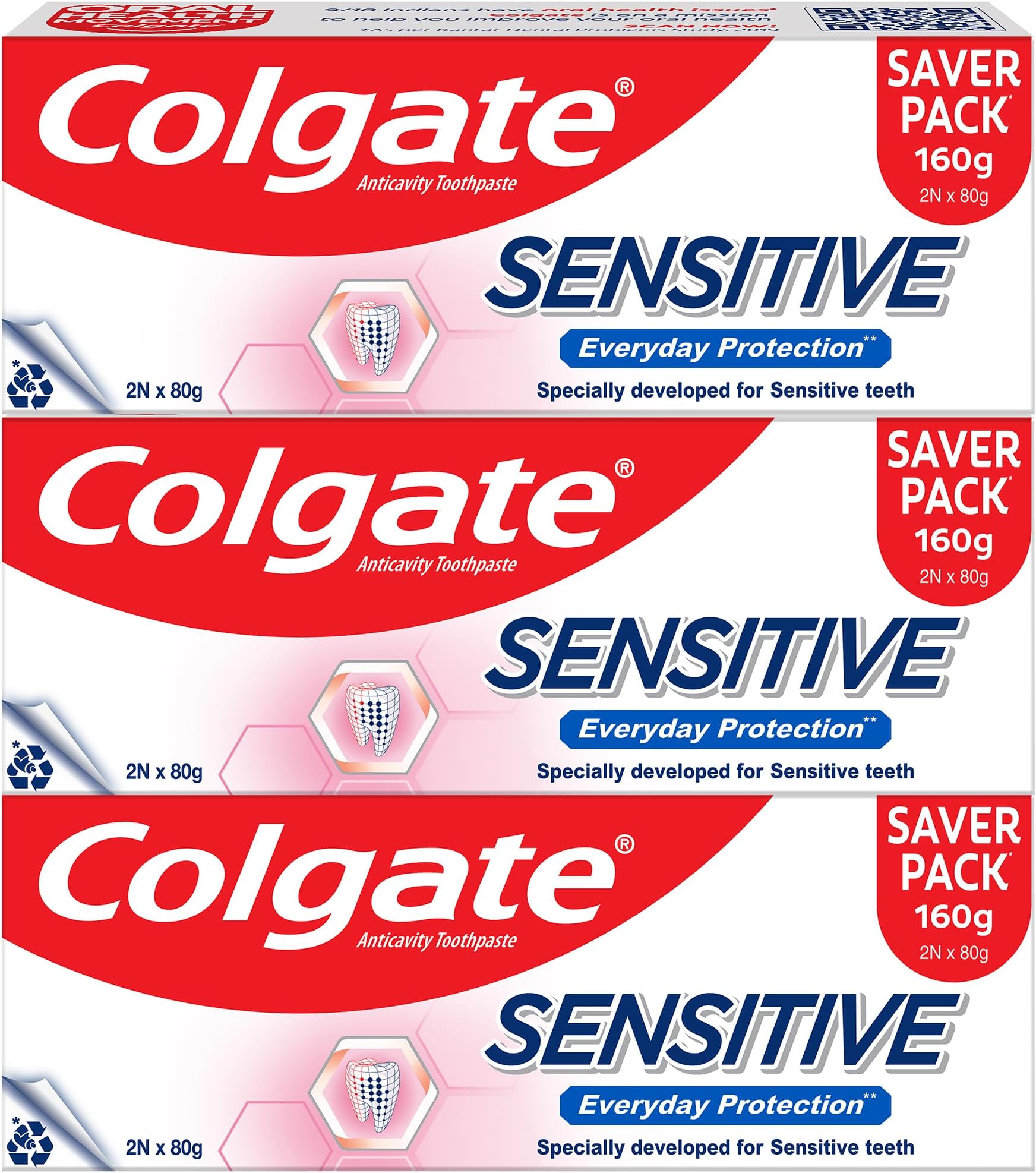 Colgate Sensitive Everyday Protection Toothpaste, For Sensitivity Relief, 480g (Pack of 3 x 160g)