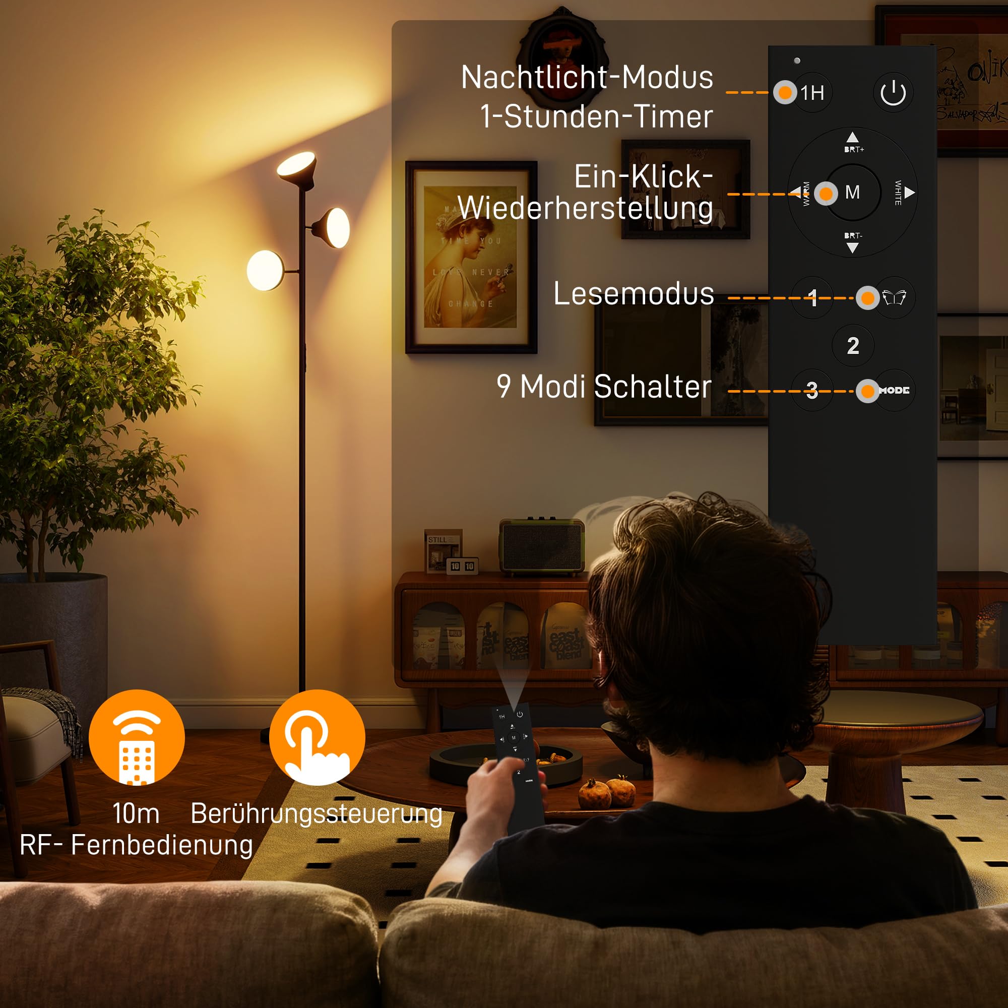 HOMCOM Stehlampe Wohnzimmer Dimmbar mit Leselampe 4150lm 2700K–6000K | Stehleuchte RGB Farbwechsel, mit Fernbedienung, Touch-Steuerung, 3 Drehbare Köpfe, Standleuchte für Schlafzimmer