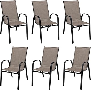 Giantex Set of 6 Patio Chairs, Stackable Outdoor Dining Chairs, with Curved Armrests and Breathable Fabric, Bistro Chairs with Steel Frame for Porch Lawn Garden Poolside Yard (6 Patio Dining Chairs)