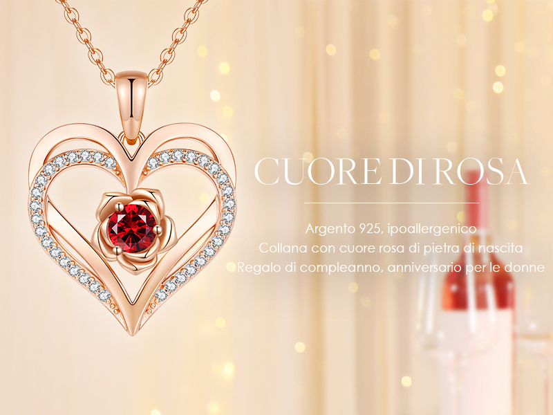 Collana Cuore In Oro Rosa Con Zirconi E Pietra Portafortuna – Argento 925, Regalo Per Compleanno, San Valentino O Natale