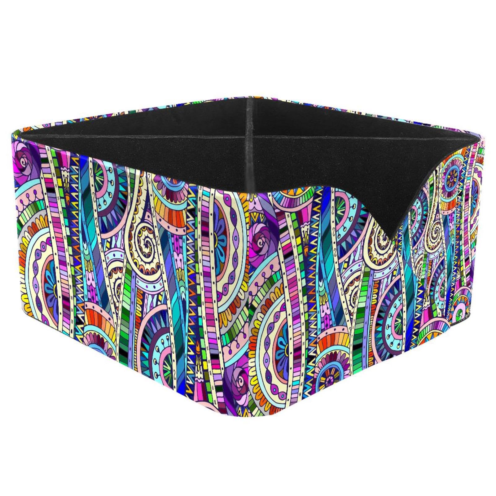 KengjuTesu Colorful Tribal Doddle Ethnic Pattern Desktop Organizer Pen Holder, Rectangular Pencil Cup for Office, Study and Makeup Stations