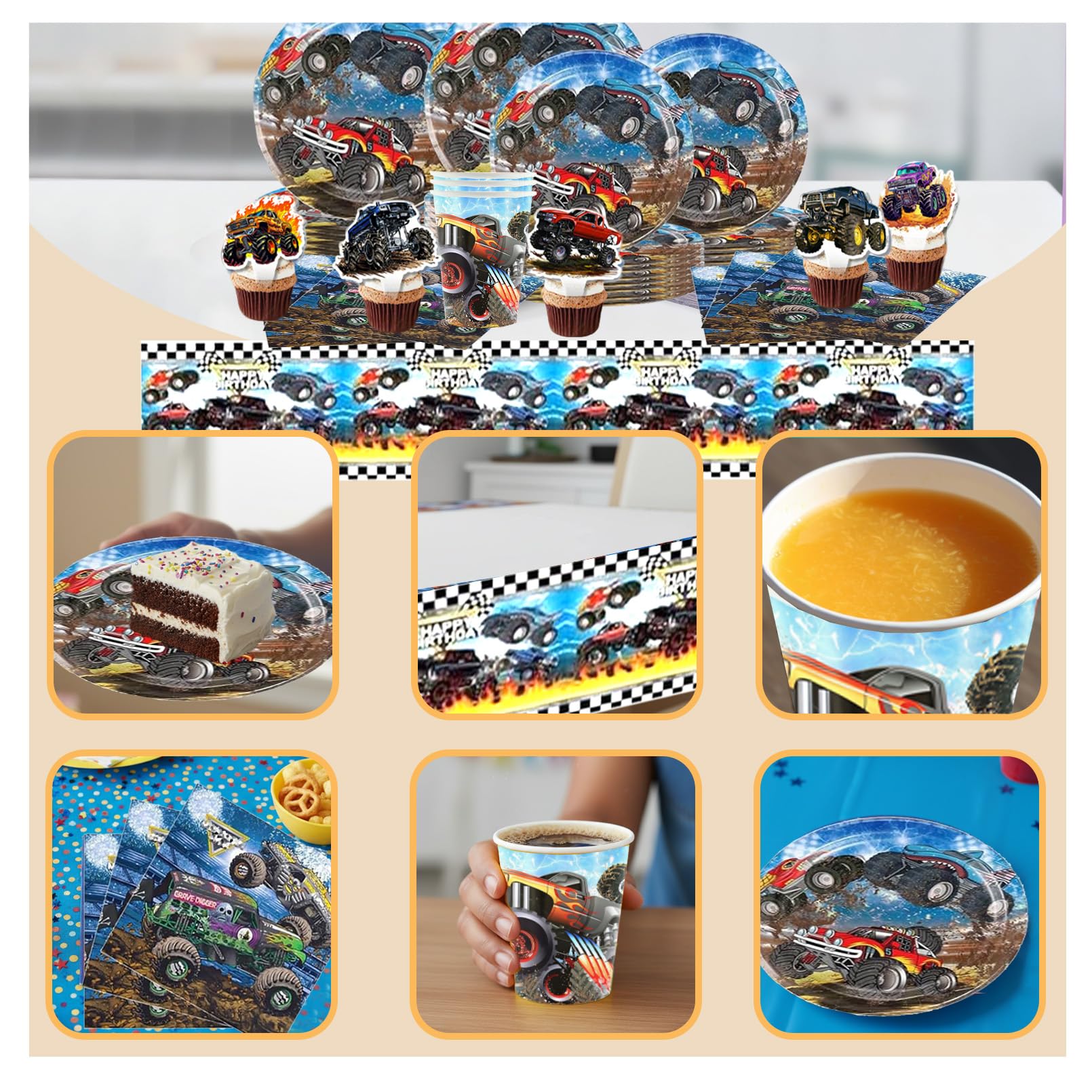 88 Stück Geburtstagsdeko, Monster Truk Partygeschirr Set, Geburtstags Deko, Monster Truk Kuchen Deko, Geburtstags Tischdeko