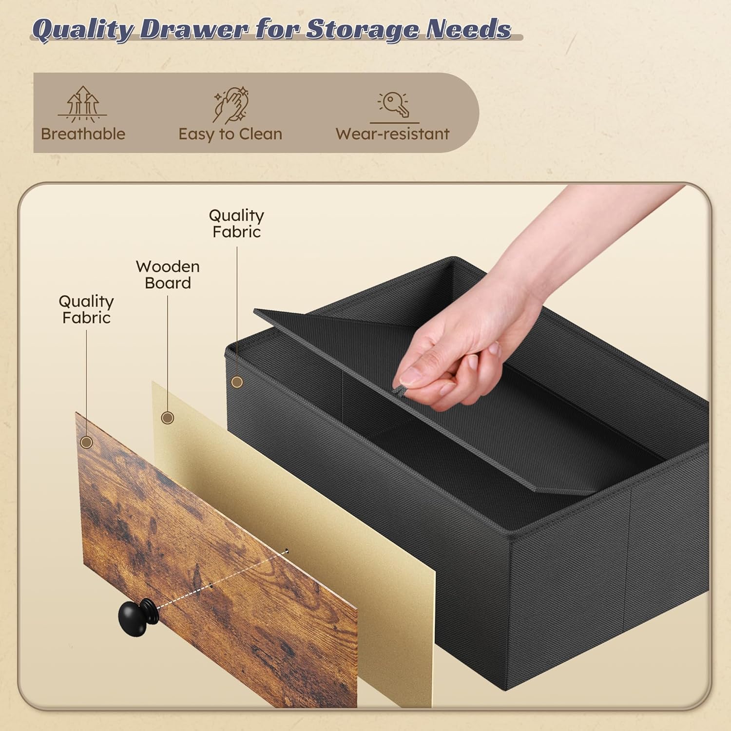 Close-up of the fabric drawer material, highlighting easy cleaning