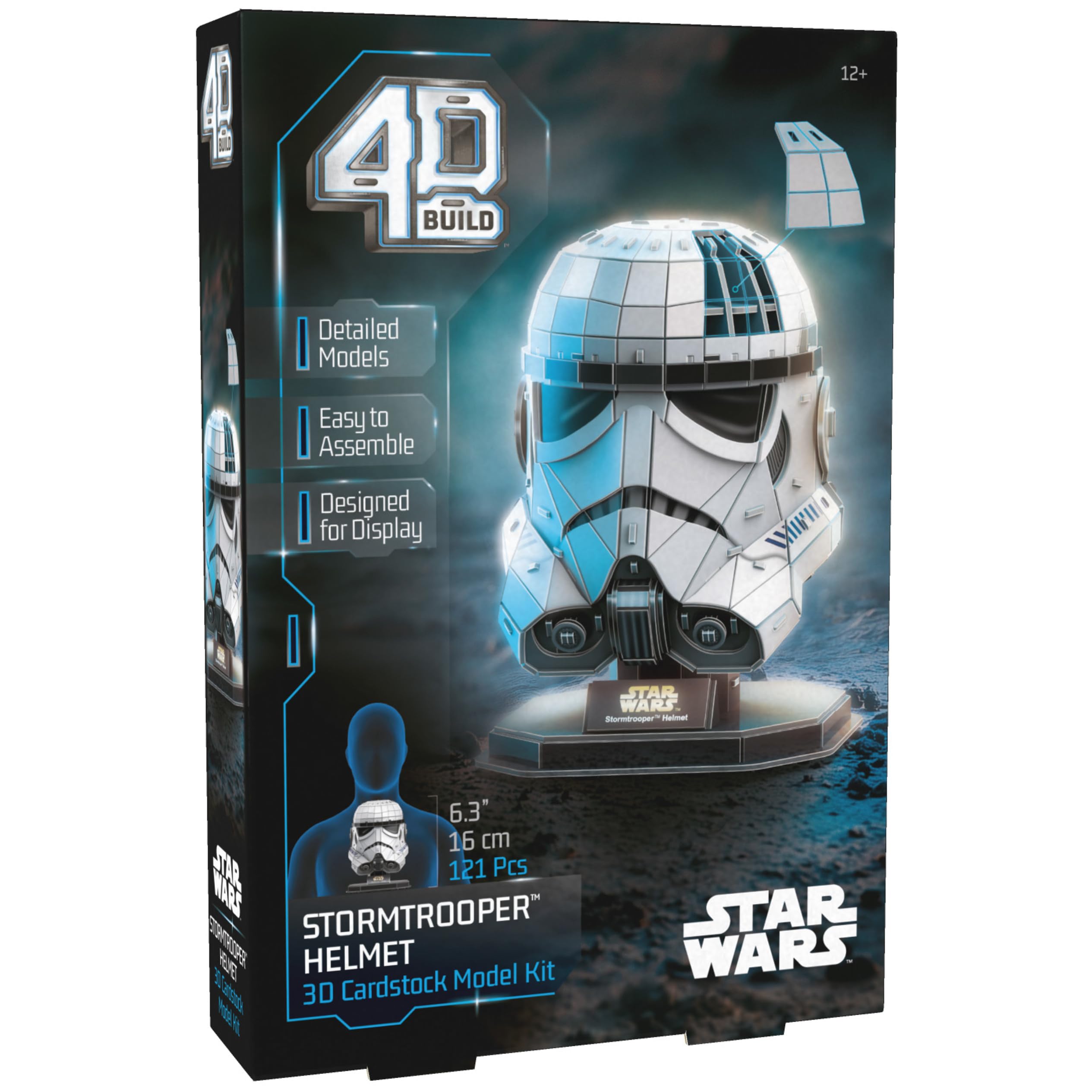 The fully assembled 4D Build Star Wars Stormtrooper Helmet model displayed on its stand.