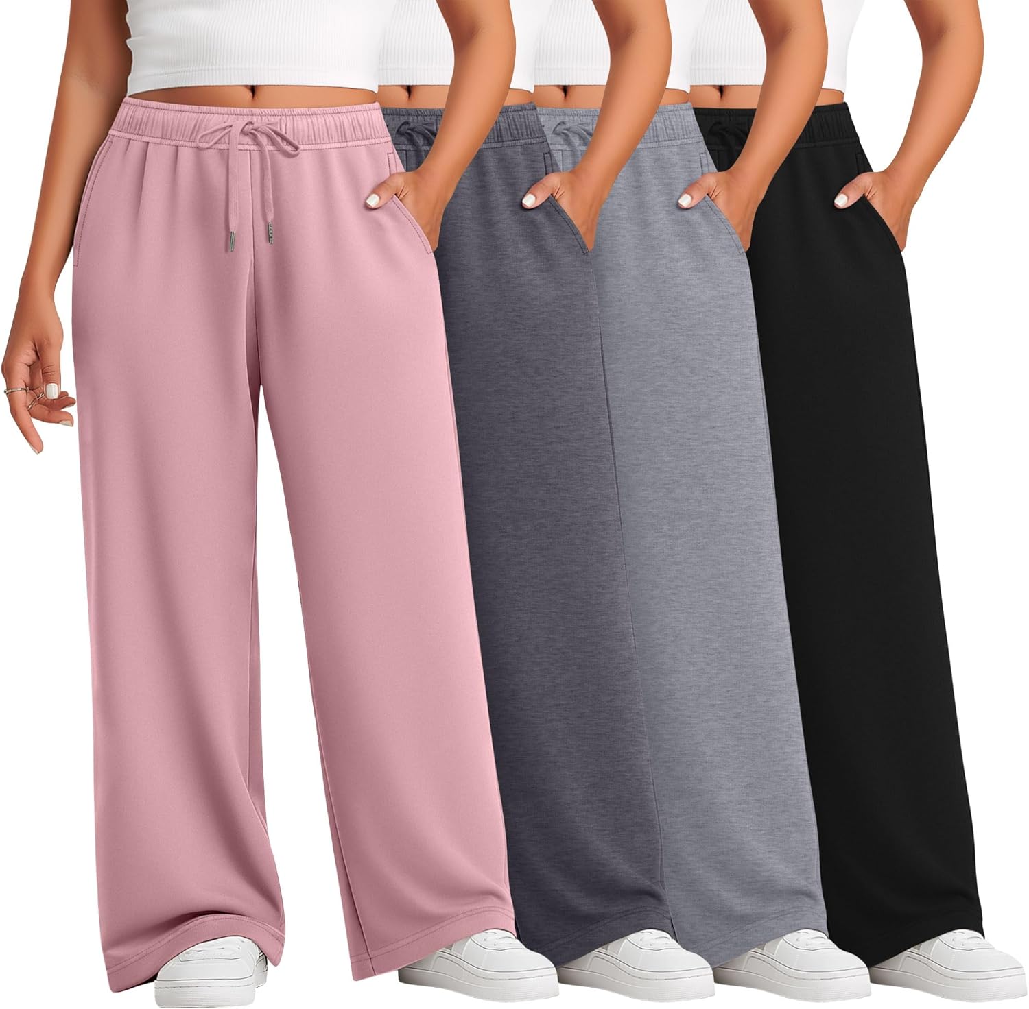 Evervibe 4 Pack Women's Plus Size Pants Lounge Wide Leg Yoga Pants High Waist Drawstring Sweatpants with Pockets
