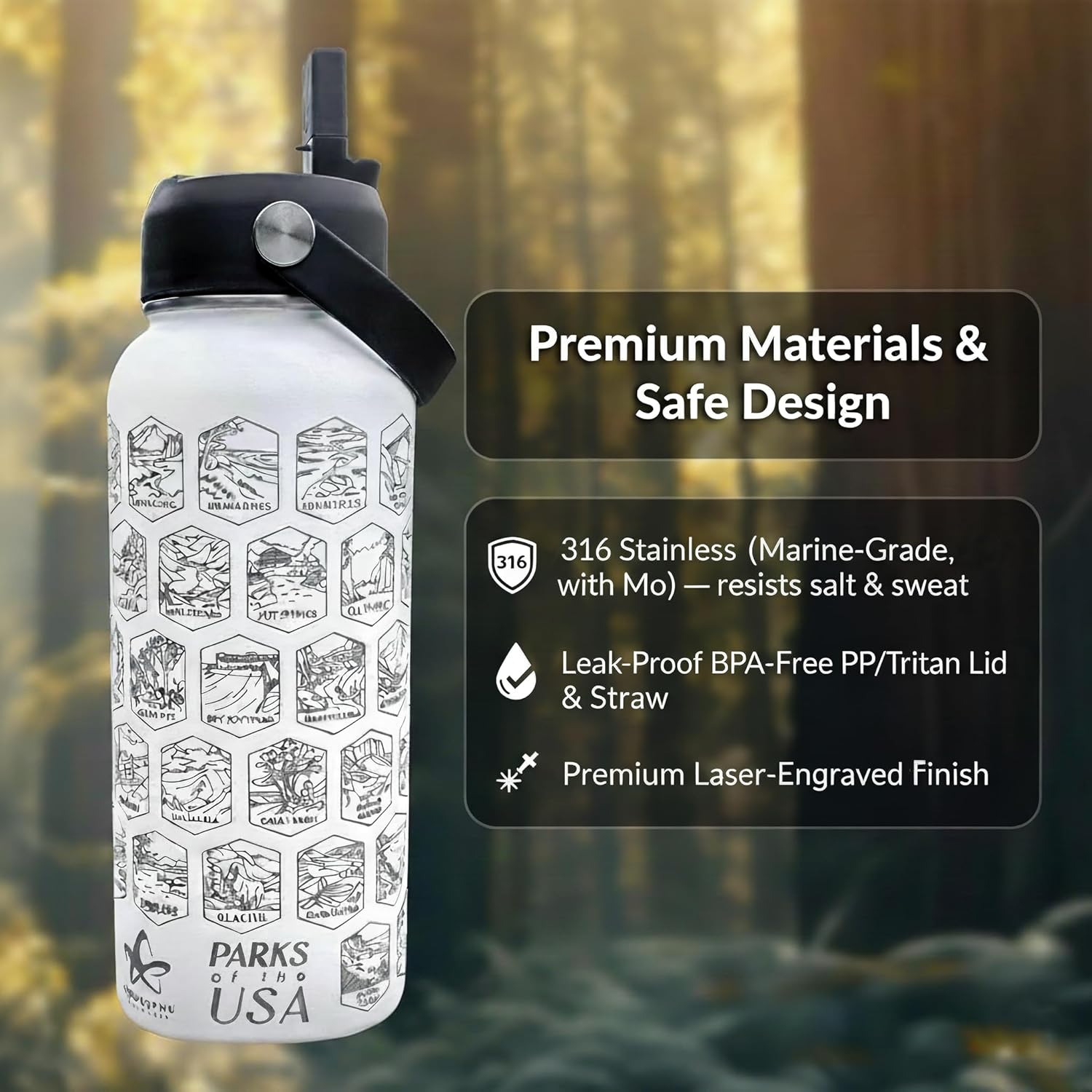 National Parks Water Bottle With Stickers 63 USA National Park - 32oz 316 Stainless Steel, Double-Wall Vacuum Insulated, 3-Lid Set (Spout, Straw & Wide Mouth Lids), Laser Engraved Bottle + Stickers.