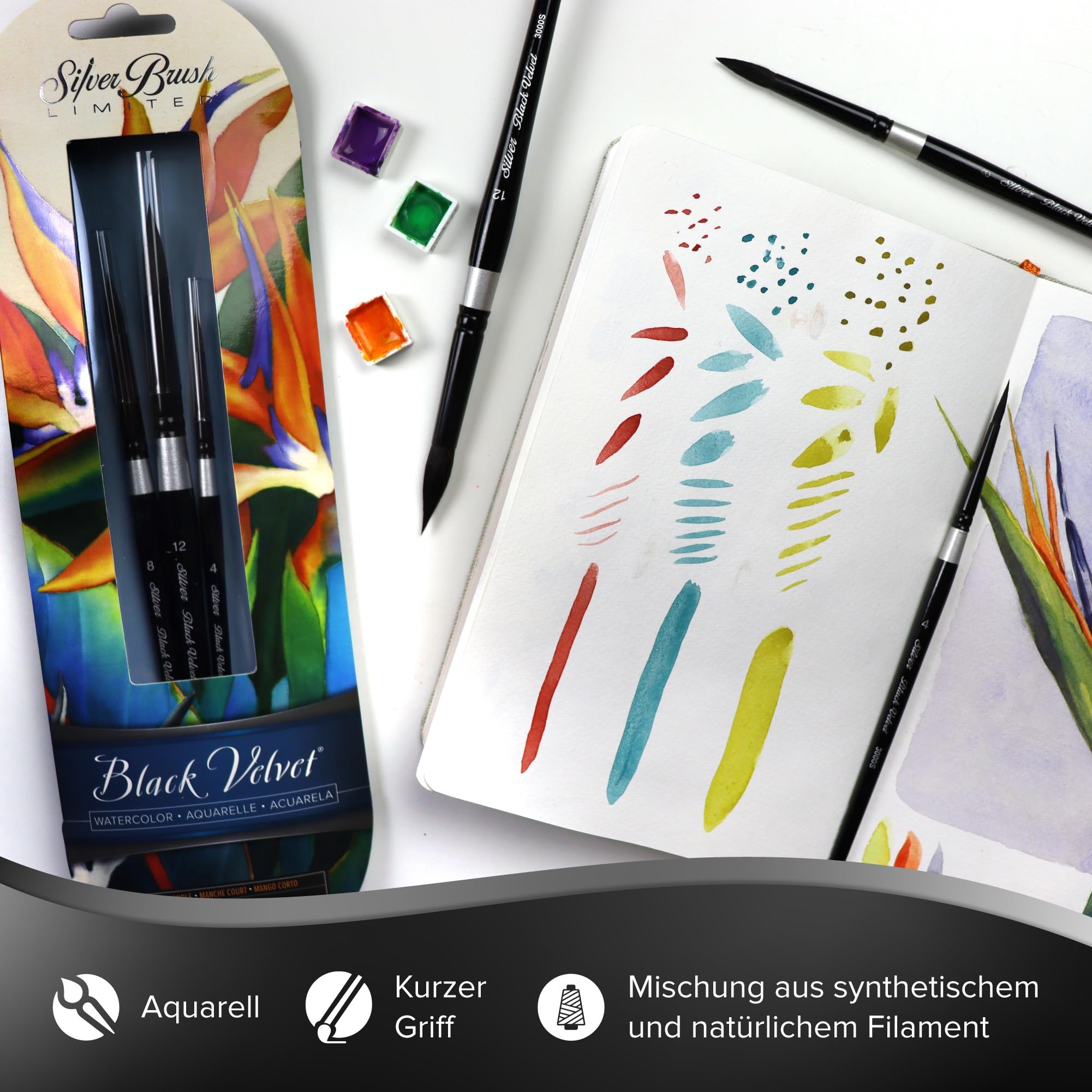 Silver Brush Limited SLM 3099 Susan Louise Moyer Basic Aquarellpinsel-Set, 3-teilig, Schwarz Samt Rundpinsel, Größen 4, 8 und 12
