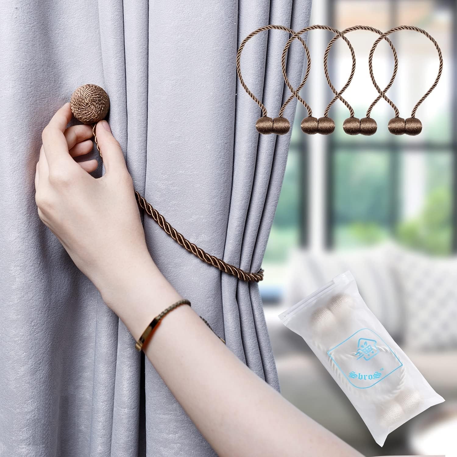 Magnetic Curtain Tiebacks - SBROS ( 4 pcs ) Modern Upgrade 2021 Drape Tie Backs Decorative Twisted Handmade Rope Holdback for Window Draperies (4, Coffee Light)