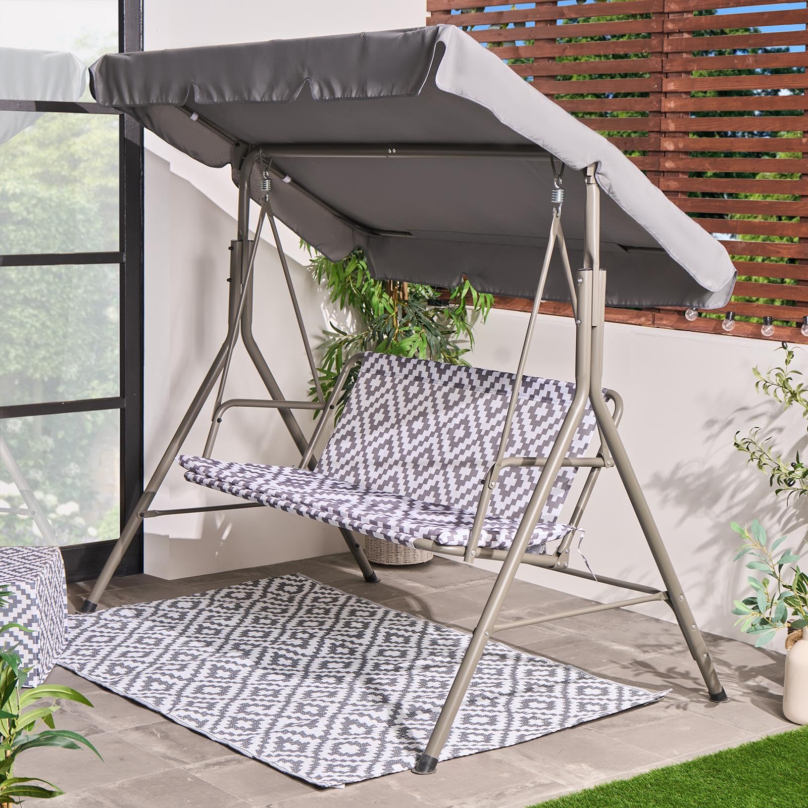 Ohs Grey Geo Swing Bench, 3 Seater Outdoor Swing Chair Adjustable Canopy Cushioned Seats With Backrest Non-Slip Feet Garden Seat Relaxing Comfy Outdoor Patio Hammock Bench - Geometric Grey