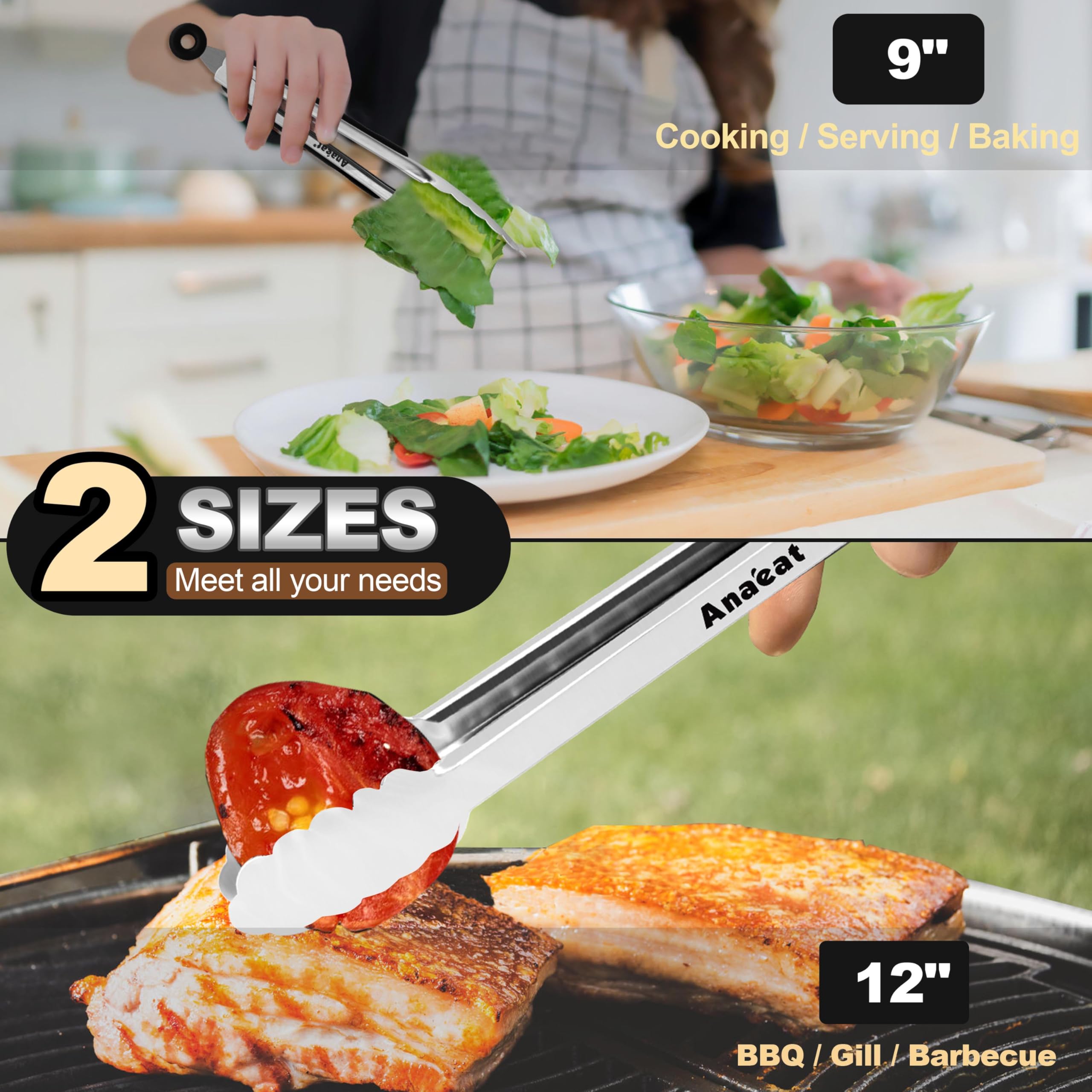 Anaeat Juego de 2 pinzas de cocina de acero inoxidable de alta calidad, resistente resorte en espiral de 9 y 12 pulgadas, pinzas de bloqueo para alimentos con agarre de silicona antideslizante para