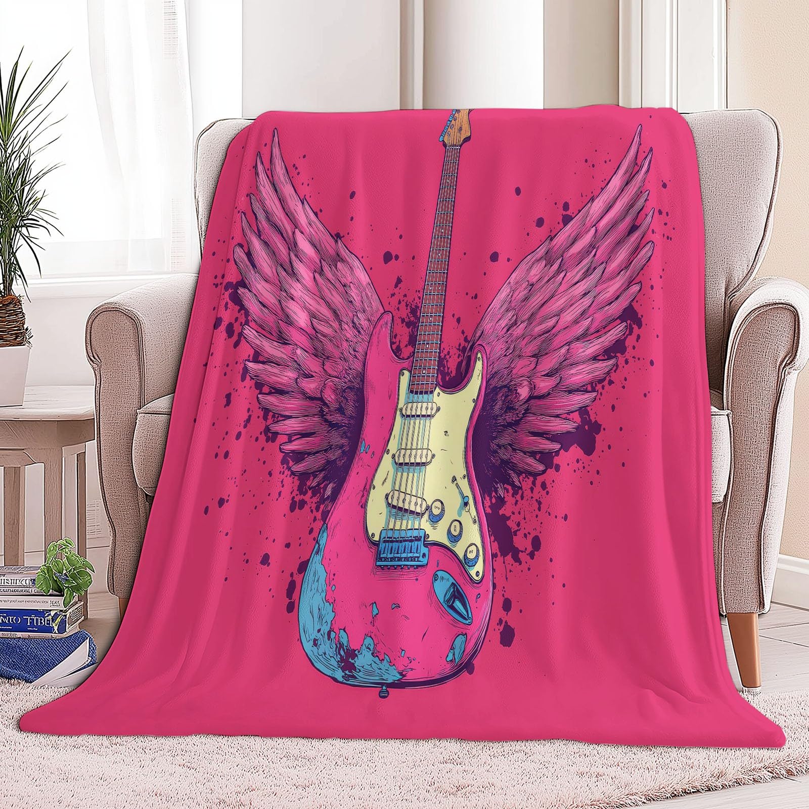 Generico Kreskówka Skrzydlata Gitara Koc Polar 150 x 200 cm Flanelowe Koce Pojedyncze Ciepłe, Różowe Koce W Kratę Polar Sherpa Łóżko Sofa Koc Zimowy