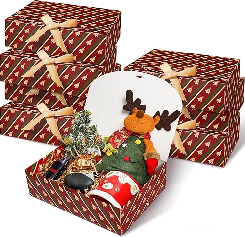 SWANGSA Juego de 8 cajas de regalo de Navidad con tapas, caja de regalo grande de papel kraft de 10.6 x 8 x 3 pulgadas, cajas de regalo de Navidad