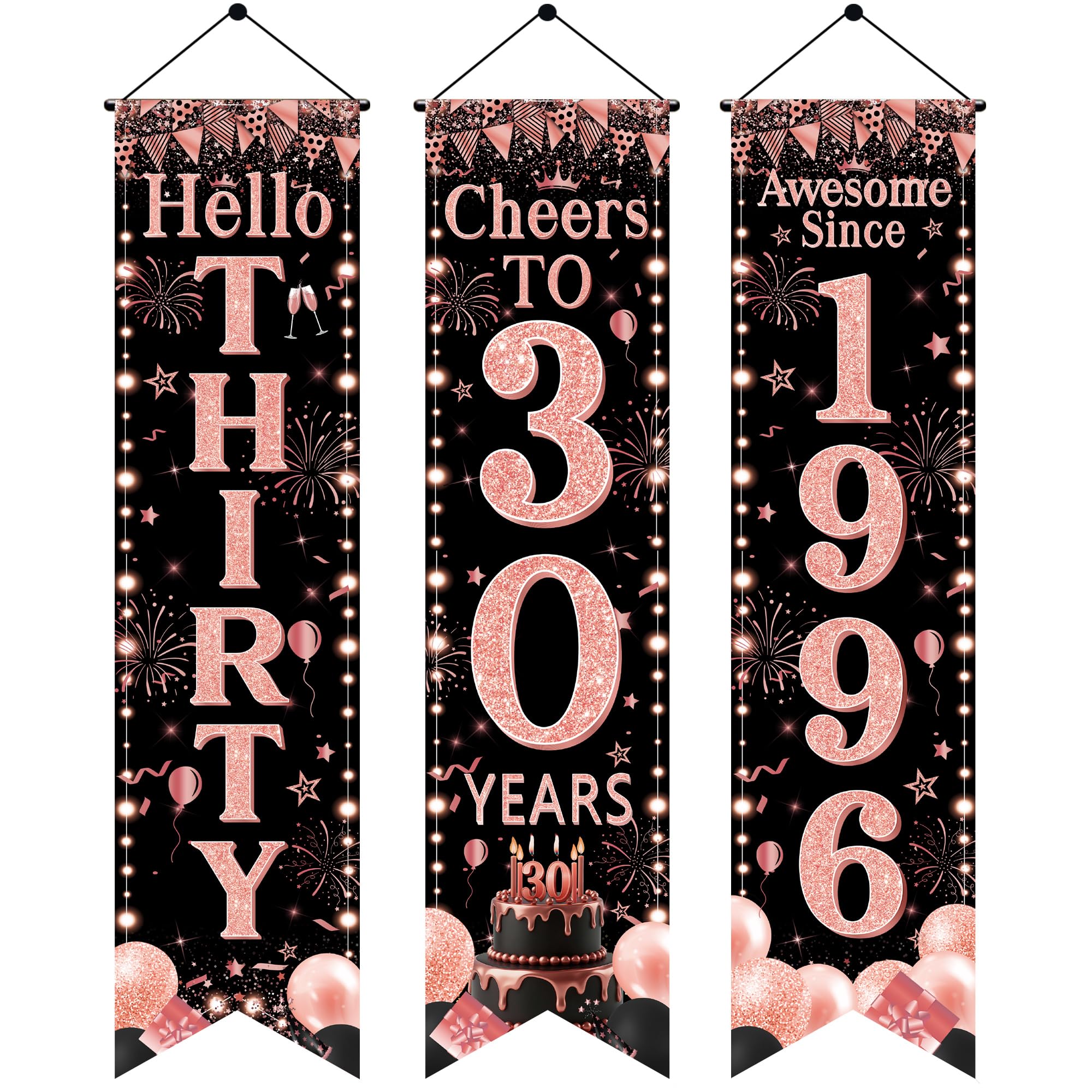 30th Birthday Door Banner Decorations - Black Rose Gold Hello Thirty Porch Signs 3.9x0.9ft, 3Pcs Cheers to 30 Years Awesome Since 1996 Hanging Banners for 30th Birthday Party Decor