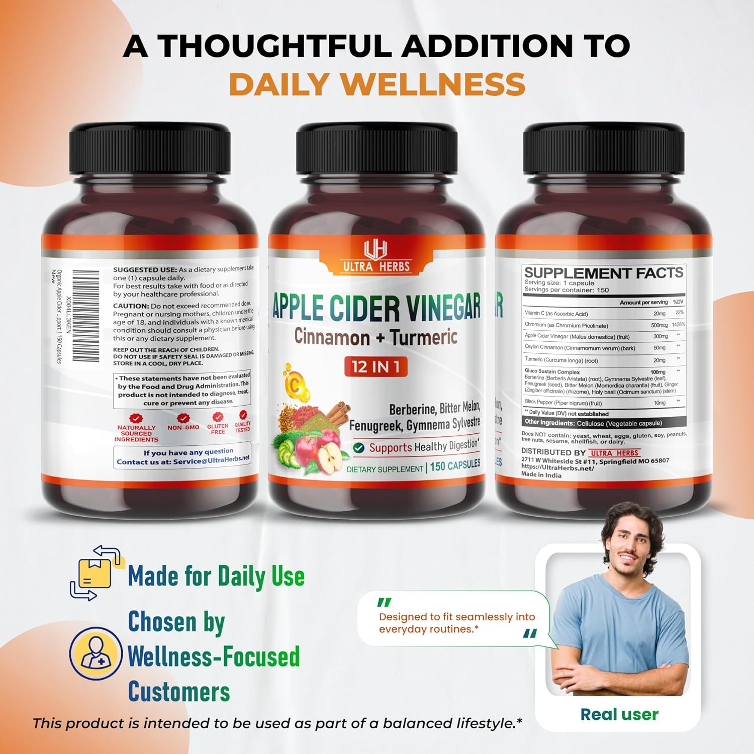 Organic Apple Cider Vinegar Capsules Enhanced with Cinnamon, Turmeric - Ultra Supplement for Digestive, Circulatory, Immunity Support | 150 Capsules - Image 9