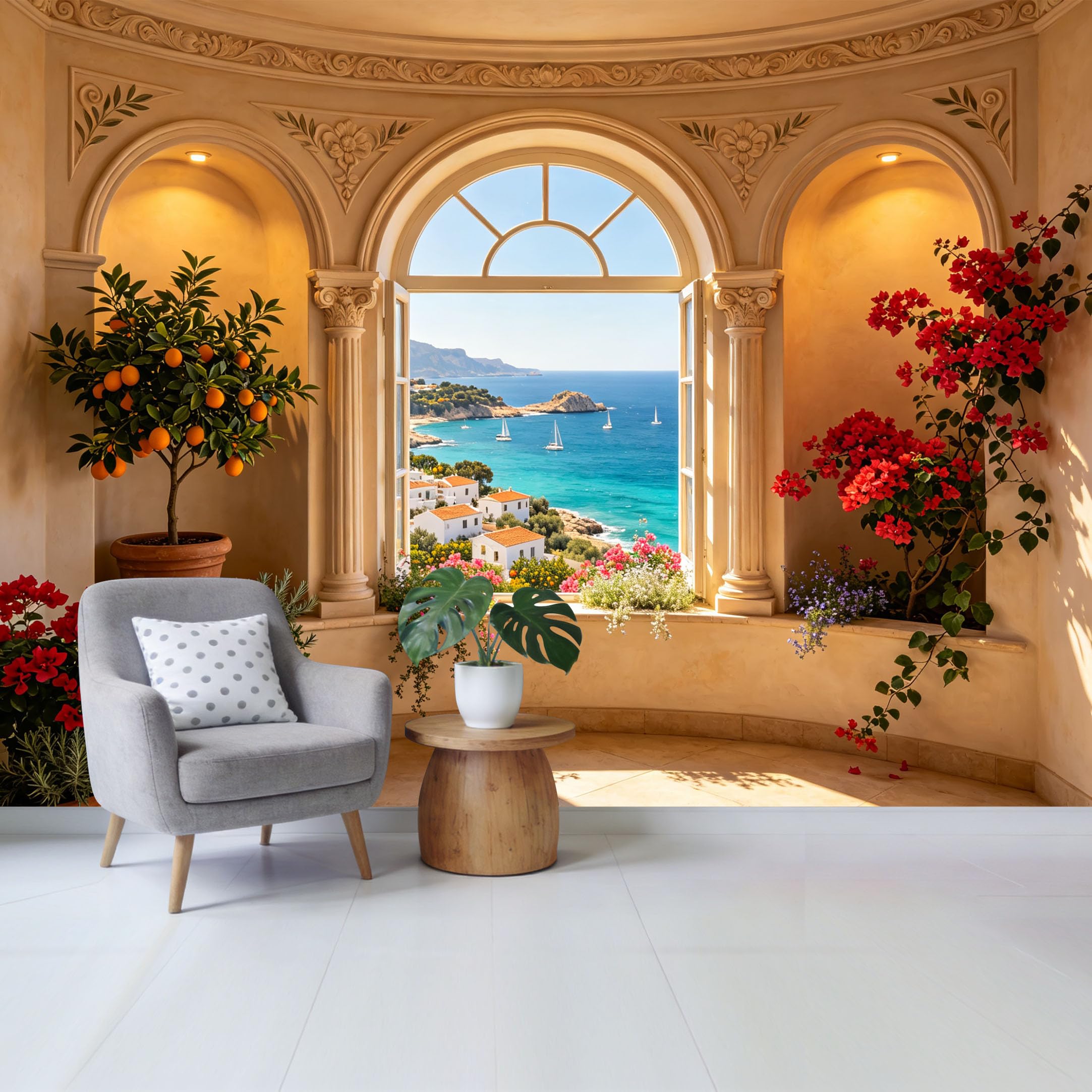 Removable Self Adhesive Fabric Mural， Mediterranean Coastal Landscape Orange Tree Bougainvillea Flowers Custom Size Wall Covering， UV Protected Waterproof Washable Wall Decor for Living Room