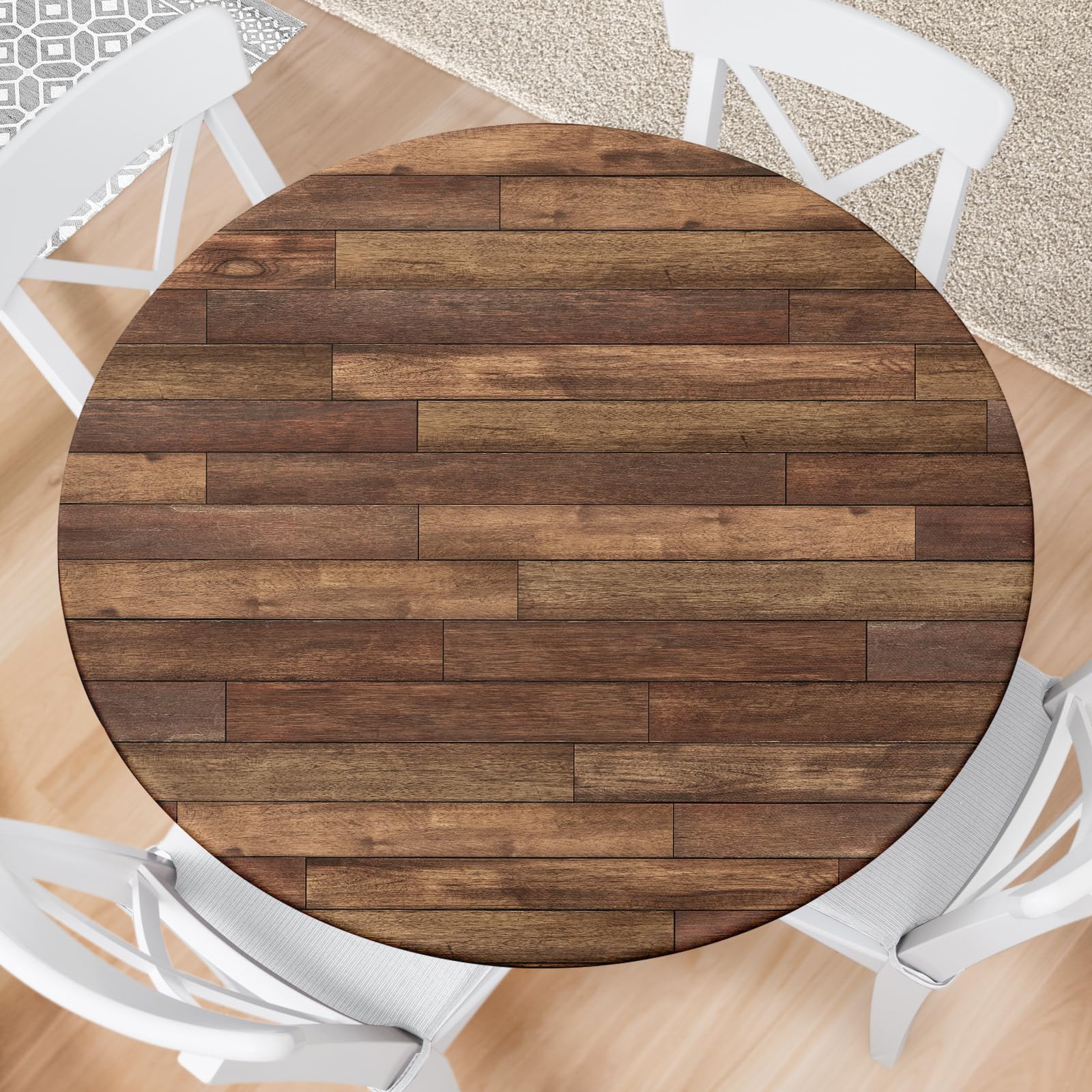 Kamoor Farmhouse Round Fitted Tablecloth with Elastic Edge Wooden Brown Outdoor Tablecloth Waterproof Table Cover for Picnic Dinner Party Decor Fits