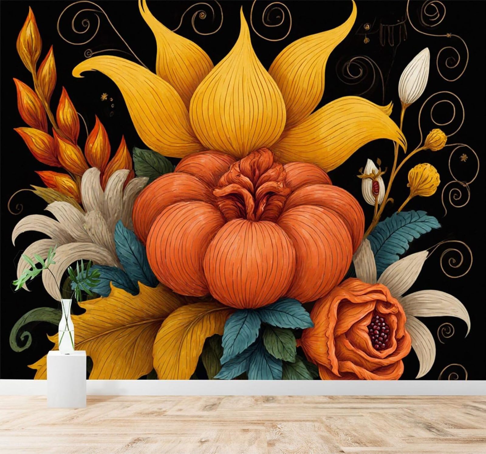 XLMING Autumn Pumpkin Flowers Art Golden Leaves 3D Wallpaper Silky Texture Home Study Office Grey Dining Room Sofa Bedroom Living Room TV Backdrop-430cm×300cm