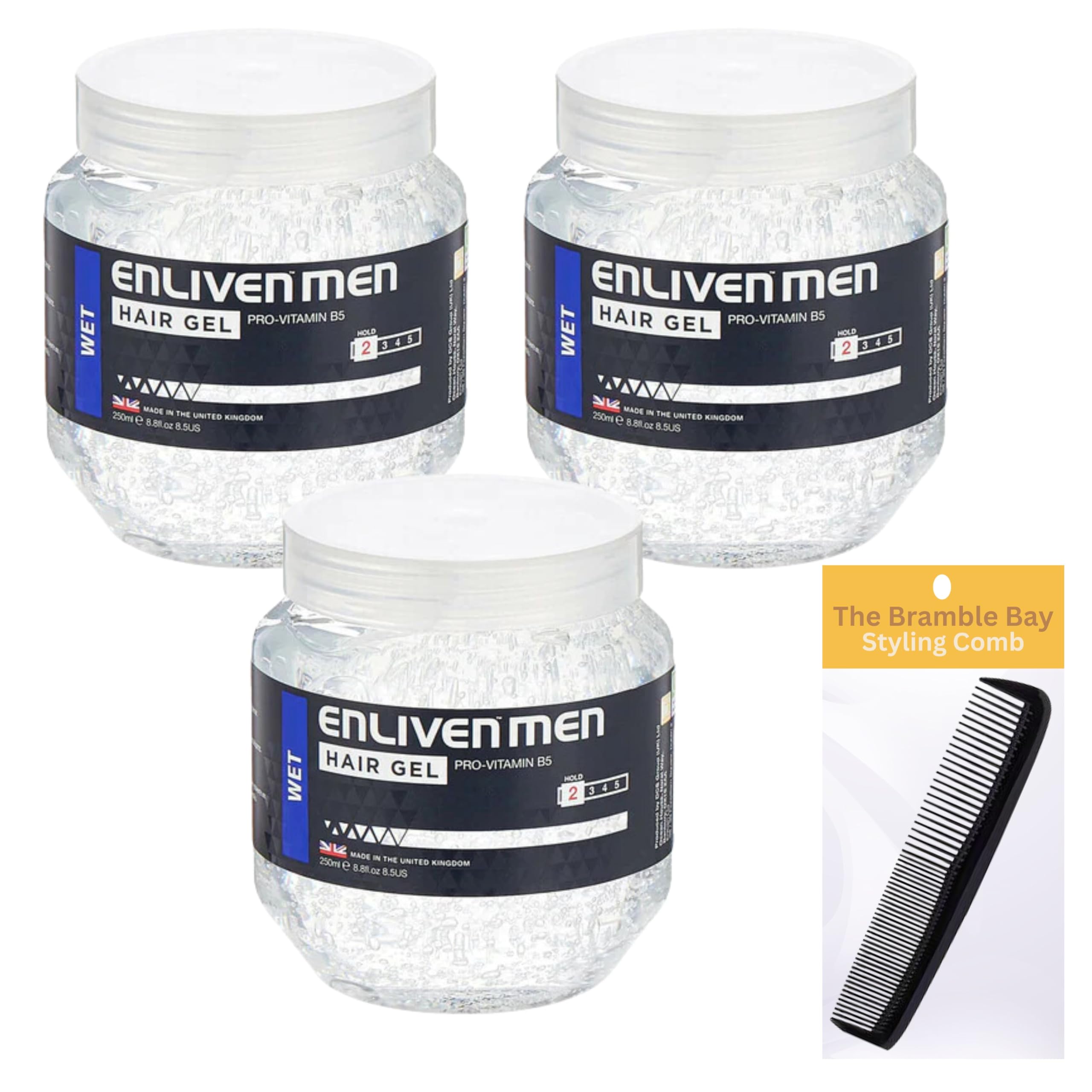 Wet Look Hair Gel for Men Bundle contains Enliven 250ml X 3, Styling Comb