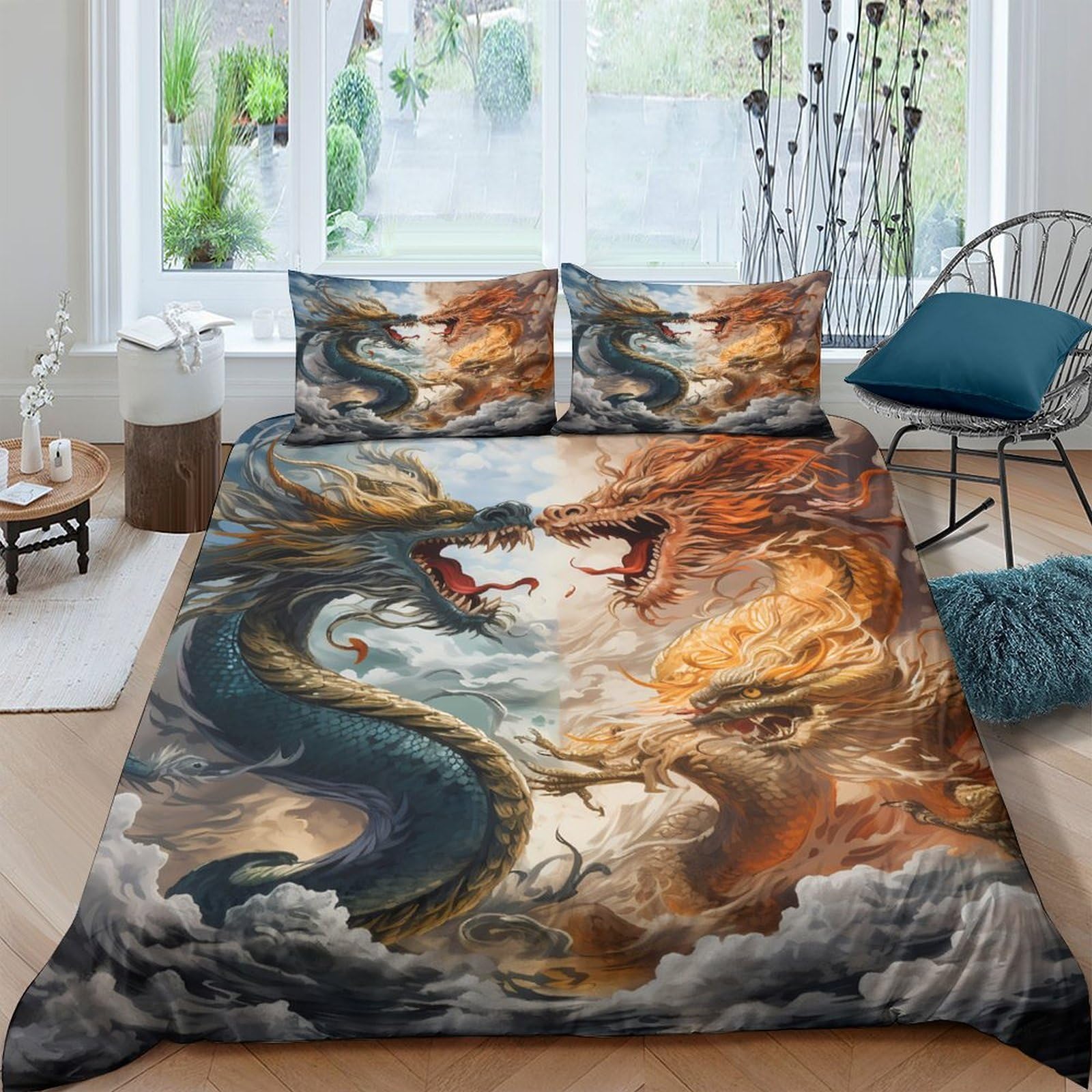 Ctjqhvkz Style-3 3D Printed Dragon Battle Fitted Sheet Microfiber Soft Breathable Fire Storm Mattress Cover For Bedroom Guest Room Decor Single（135X200cm）