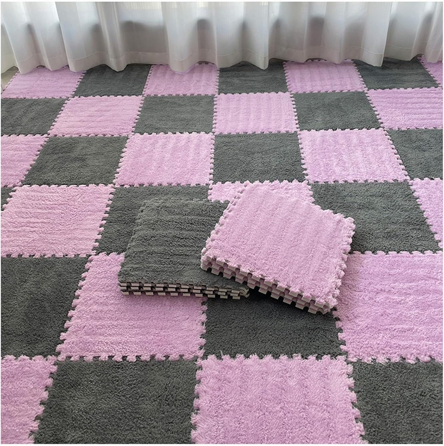 LoiYtrd Plush Carpet Puzzle Mats For Floor Interlocking Foam Floor Mat 30x30cm Carpet Square Fluffy Foam Tiles(Gray+Purple)
