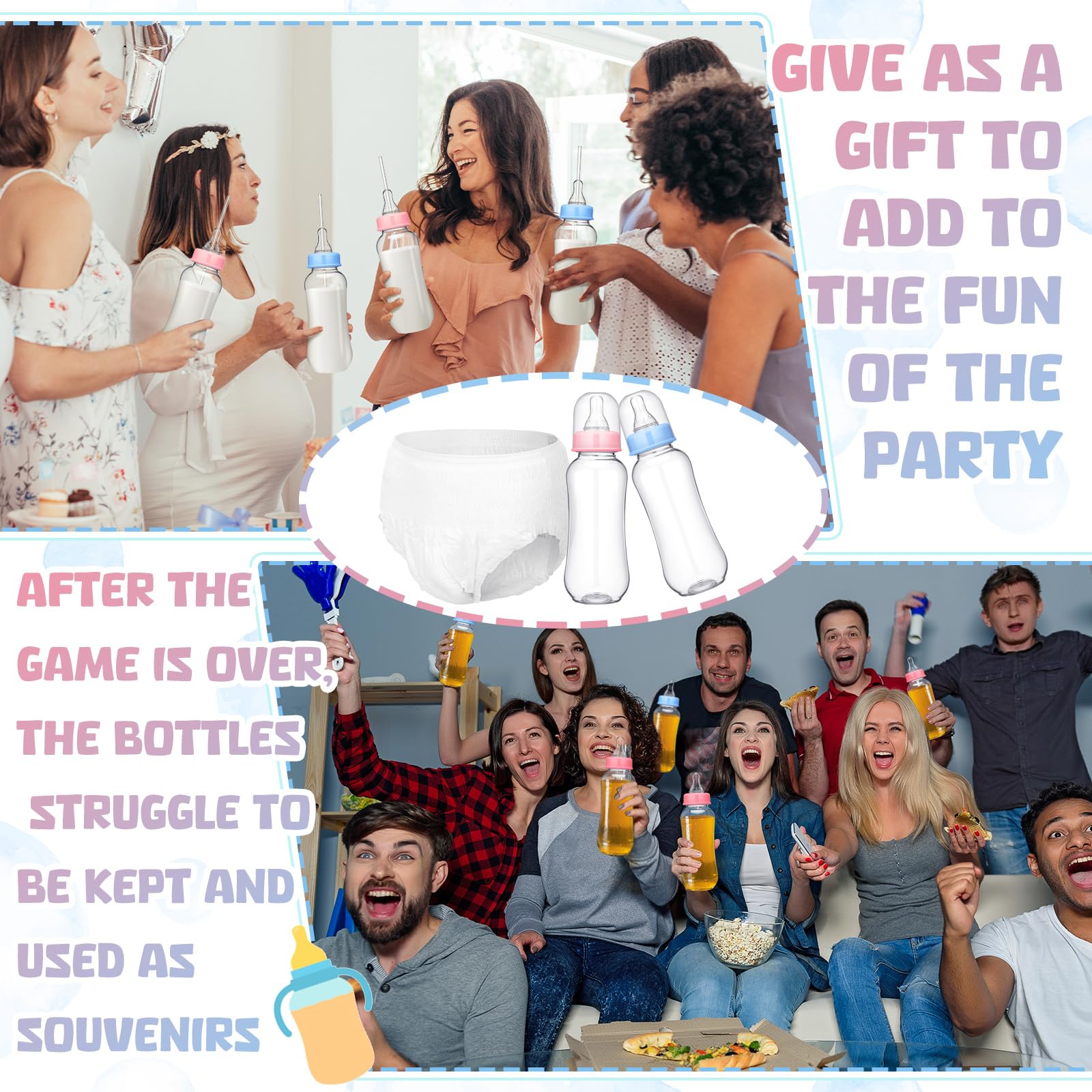 Hushee 12 zestawów zabawnych plastikowych butelek Chug Baby Shower Games Juegos Para Plastikowe butelki dla niemowląt Jednorazowe pieluchy ujawnienie płci Prezenty wyścigowe Pieluchy Feed Me Gra