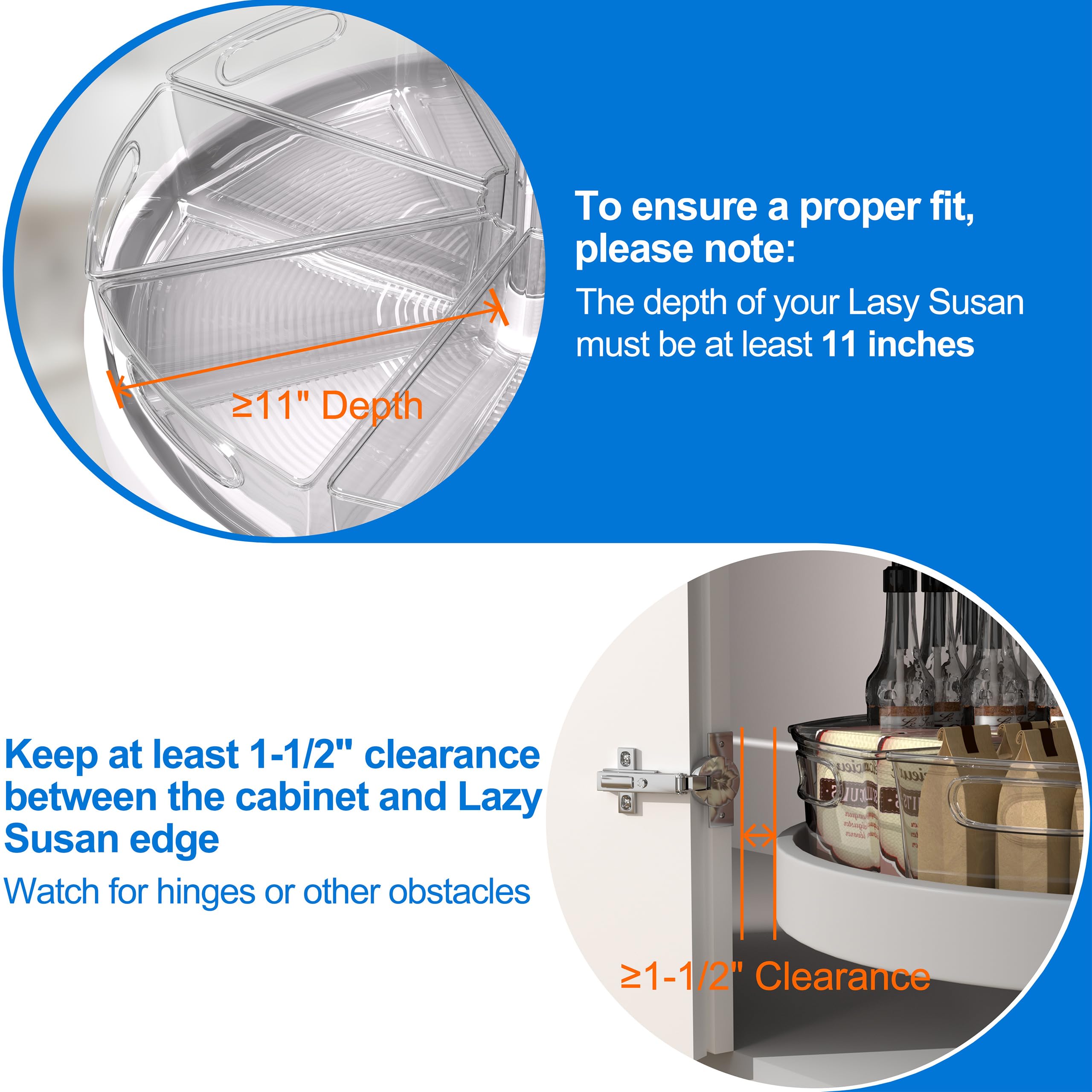JOWBOOW Lazy Susan Organizer für Eckschränke mit 71,1 cm - 73,7 cm Durchmesser, 6 Stück, transparenter Kunststoffschrank und Speisekammer-Aufbewahrungsbehälter, 1/8 Keil, lebensmittelecht, BPA-frei