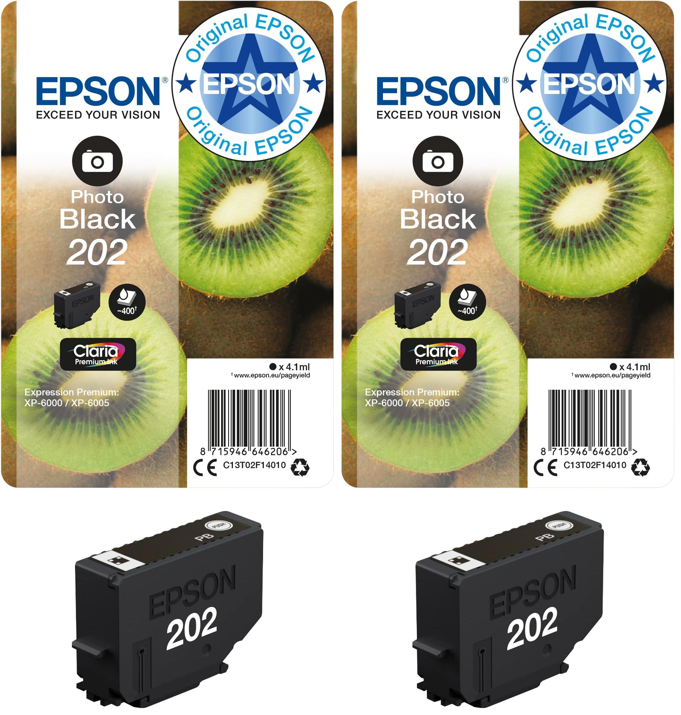 Epson Original 202 Tinte Kiwi (XP-6000, XP-6005, XP-6100, XP-6105), fotoschwarz (Packung mit 2)