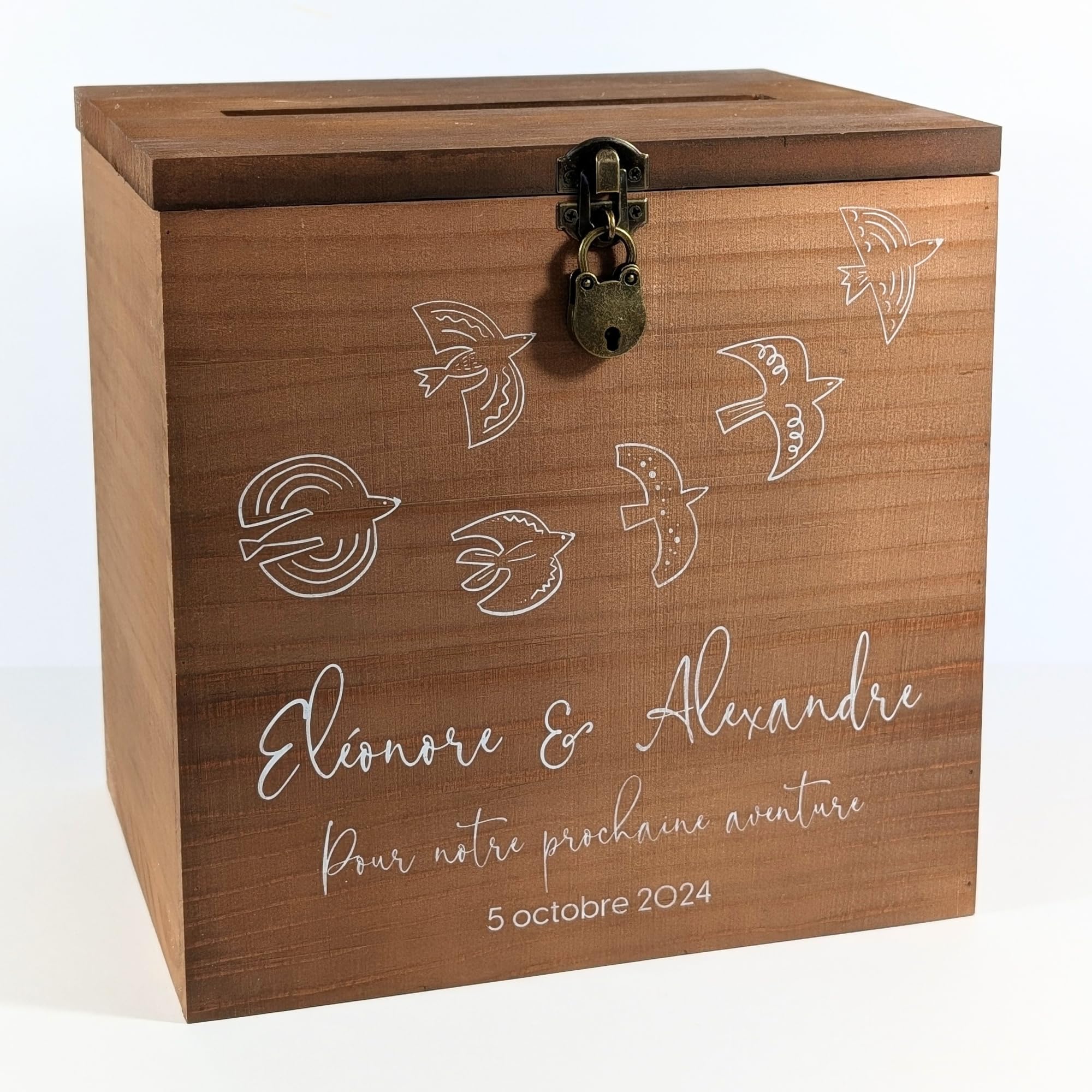 Grande urne Mariage personnalisée en Bois, avec Cadenas | 25 x 25 x 20 CM | Urne Mariage, PACS, Baby-Shower, Baptême, Communion, Anniversaire, Retraite | TE Whaka