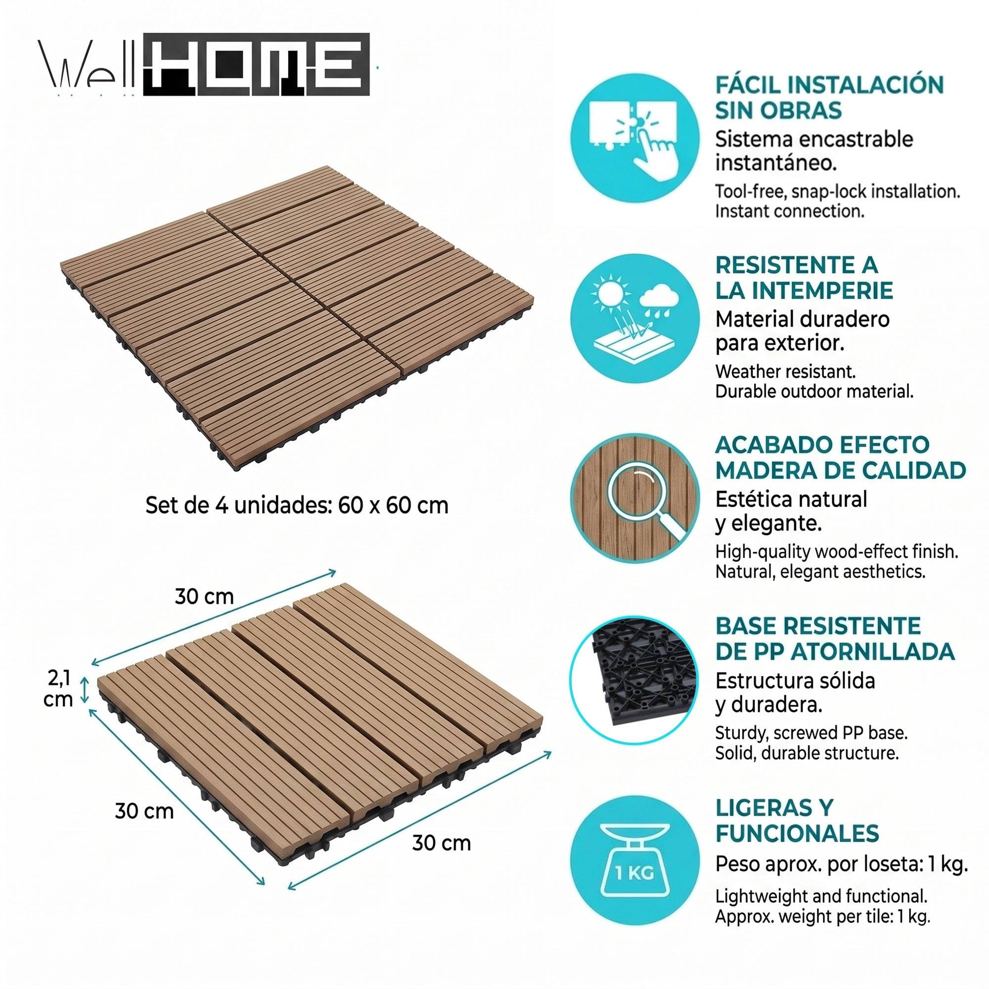 Well Home Set 4 Baldosas de Tarima Exterior 30x30cm, Losetas Encastrables con Base PP Atornillada en Acabado Madera PE Color Beige