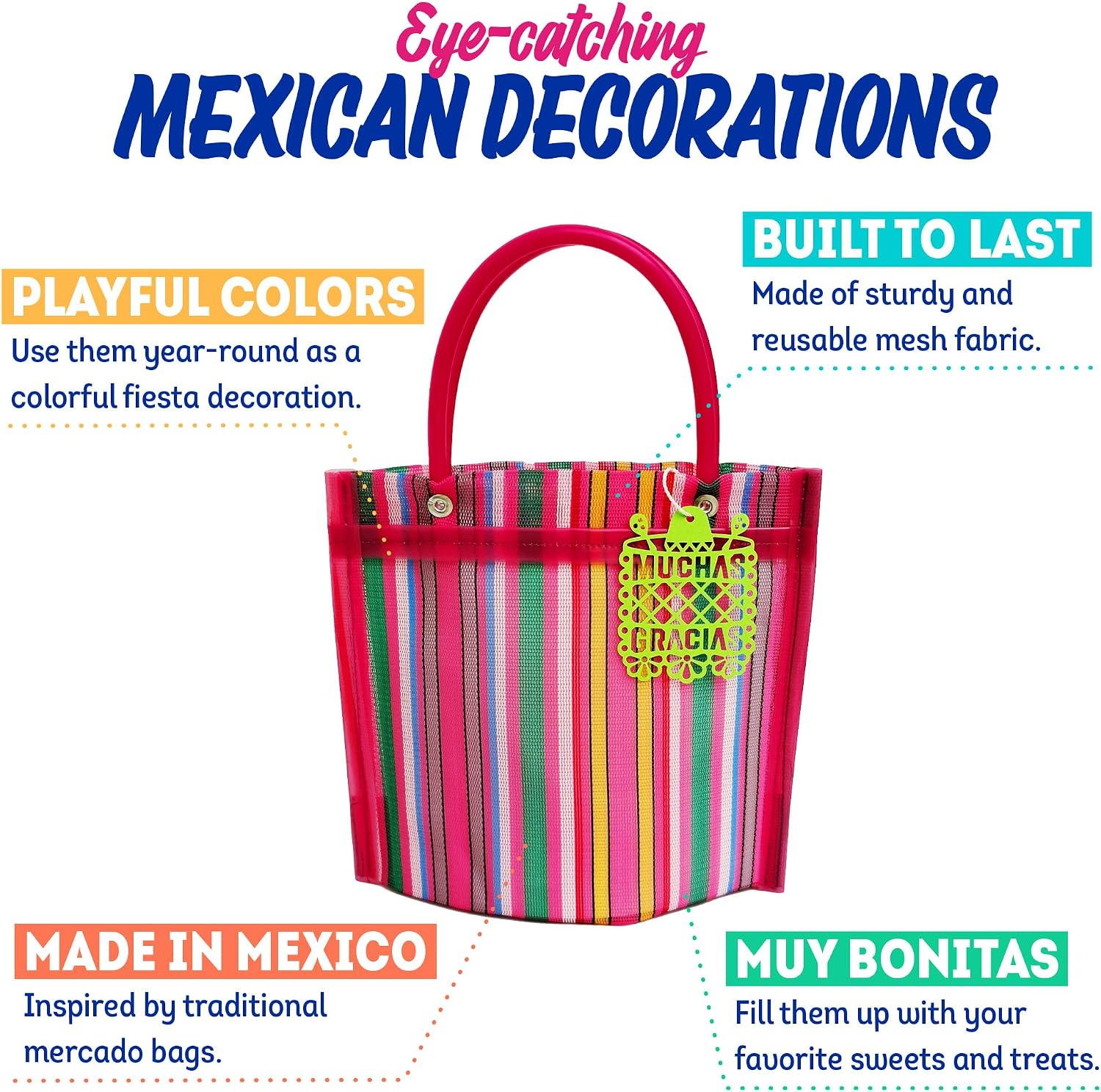12 Mini Mercado Bags For Fiesta Mexicana Party Favors & Mexican Papel Picado Gift Tags