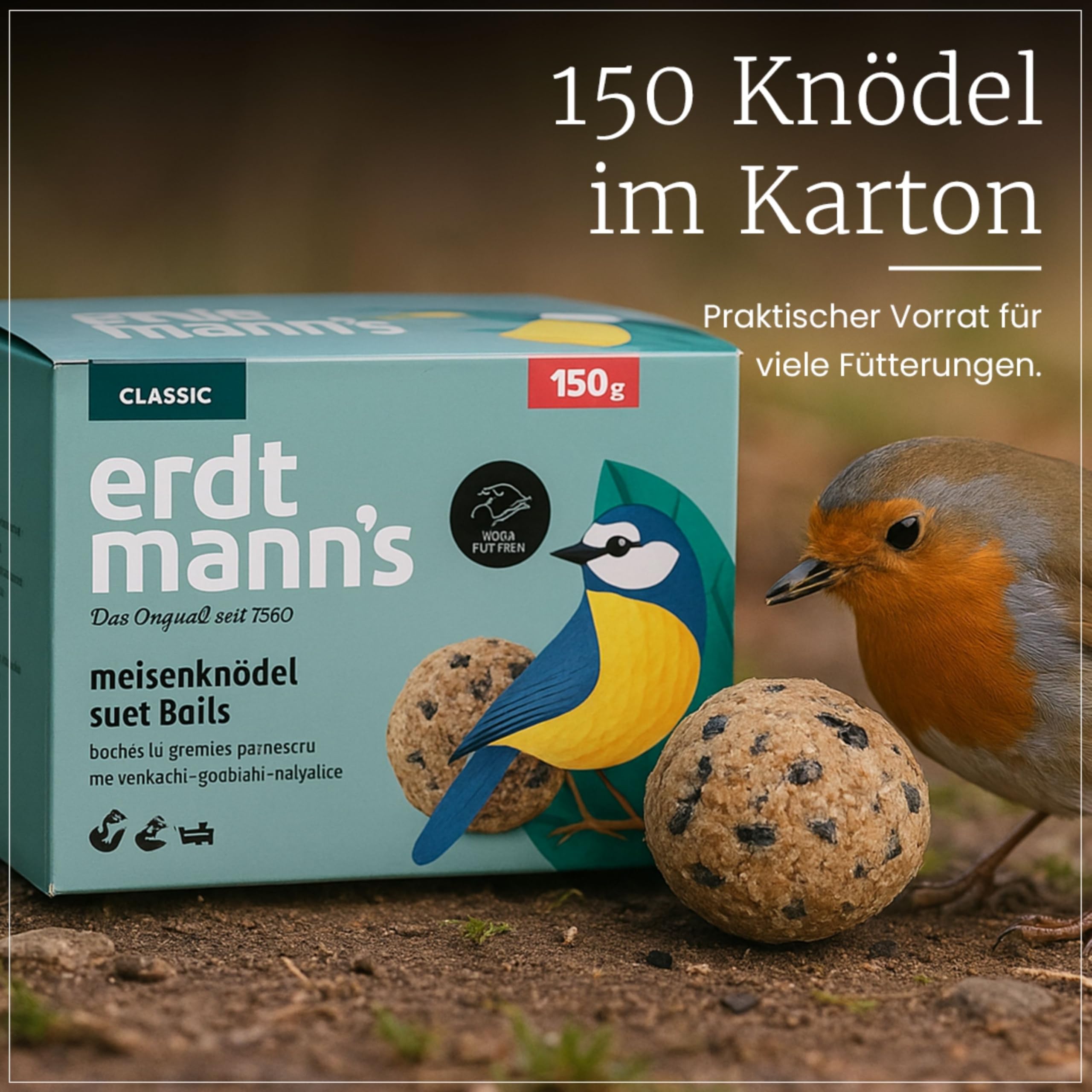Erdtmanns Meisenknödel ohne Netz 150 Stück (13,2 kg Netto) – Wildvogelfutter im Karton – Umweltfreundliche Knödel - ganzjährige Fütterung – Meisen, Finken & Singvögel