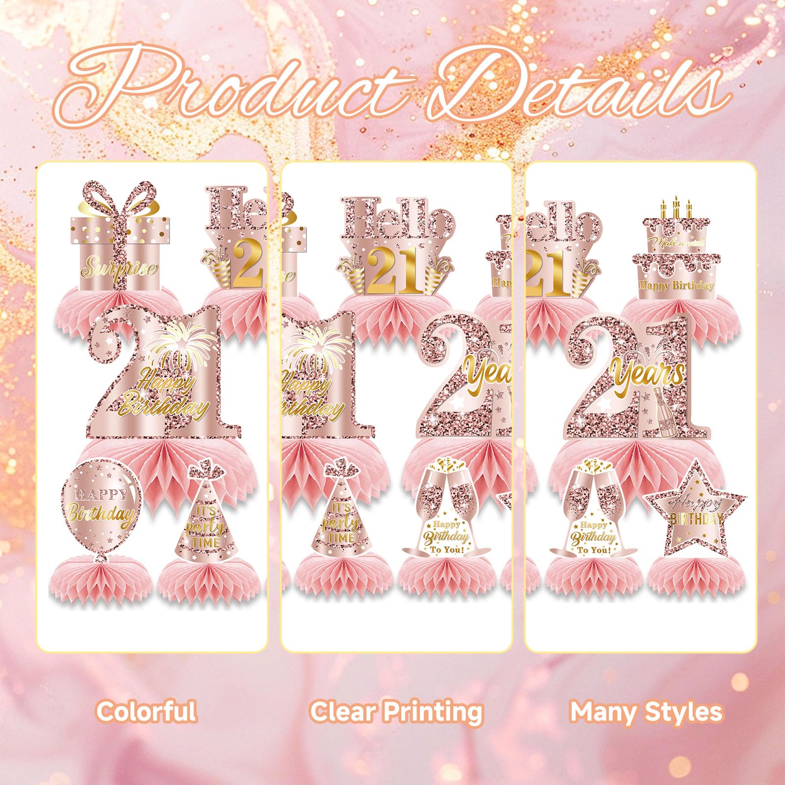 9 Pz Rosa Rosegold 21 Compleanno Alveare Centro Tavola Decorazione per Ragazze Felice 21 Compleanno Decorazione Tavola Feste Accessori Torta Diciotto Anni Decorazi