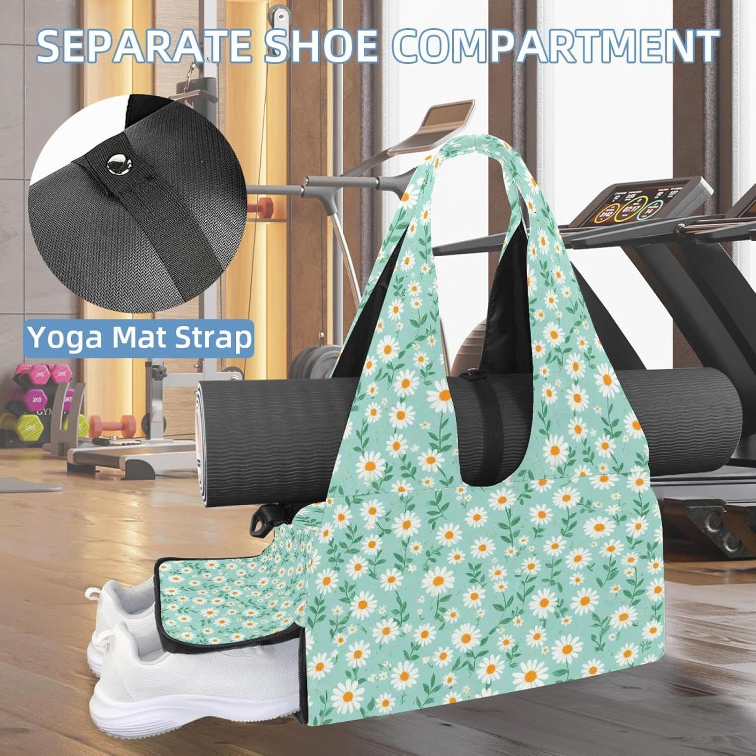 Yoga Mat Bag, Gym Workout Bag with Shoe Compartment, Vintage Daisies Pilates Bag for Women, Quick Access Storage Yoga Tote Bag for Sports Travel Office