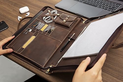 Miniatura 5 de Cartera de piel auténtica, organizador de padfolio con asa, Padfolio personalizado, Padfolio con cremallera para hombres y mujeres, adecuado para