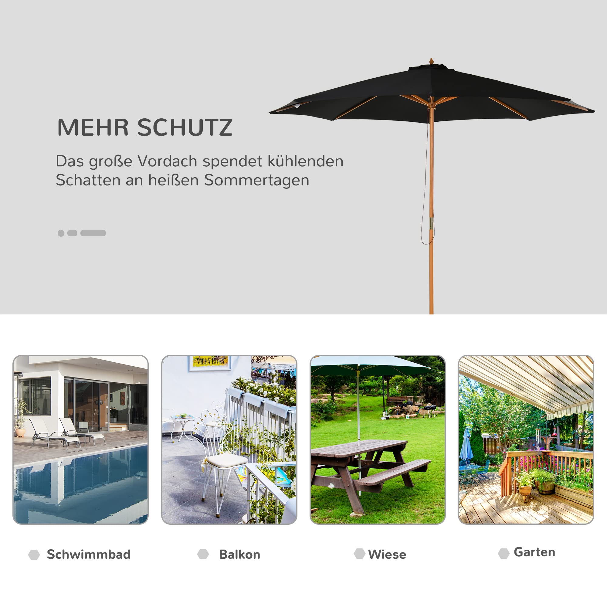 Outsunny Sonnenschirm Ø 300 cm UV Schutz Balkonschirm aus Holz | Strandschirm Stabil, Marktschirm, Sonnenschutz für Strand Terrasse Garten