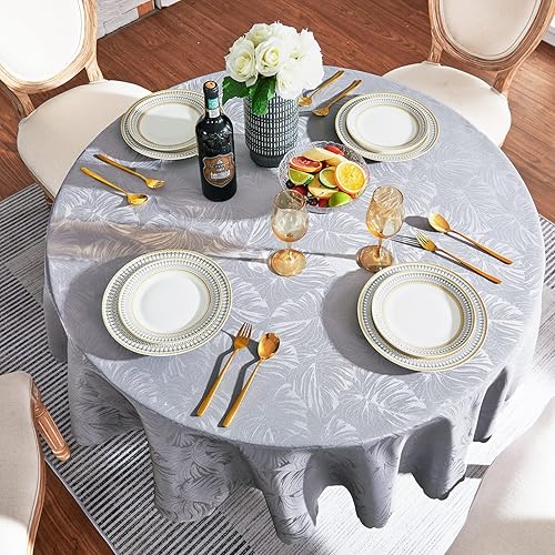 Miniatura 2 de Mantel redondo de jacquard de 70 pulgadas, color gris, diseño de hojas, borde festoneado, suave, sedoso, impermeable, resistente a las arrugas,