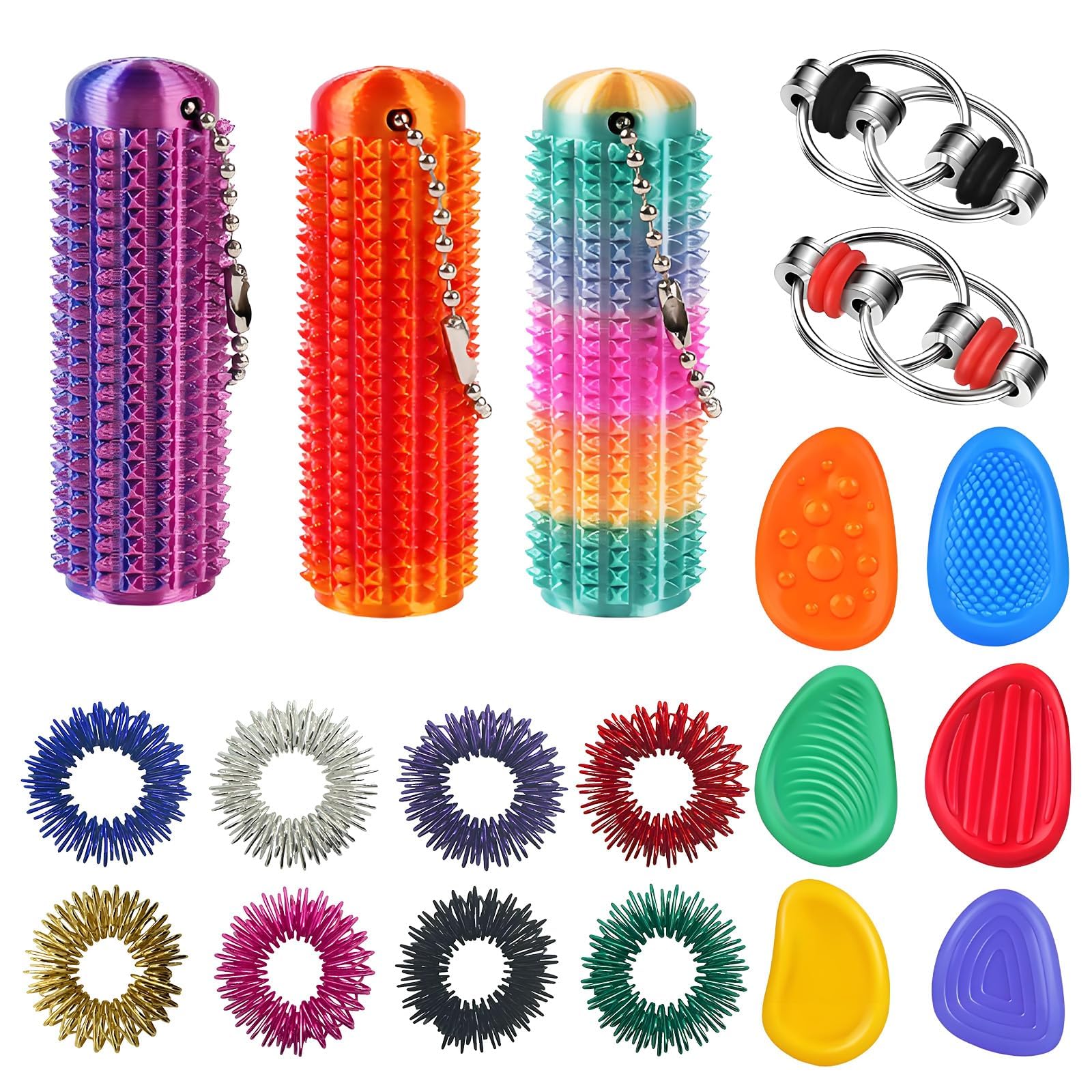 19Pcs 3d Printed Fidget Toy Set, Spiky Fidget Toy, Including Stimming Fidgets and Sensory Stone and Acupressure Rings Etc for Anxiety Relief, Focus Enhancement (Suitable for people aged 15 and above)