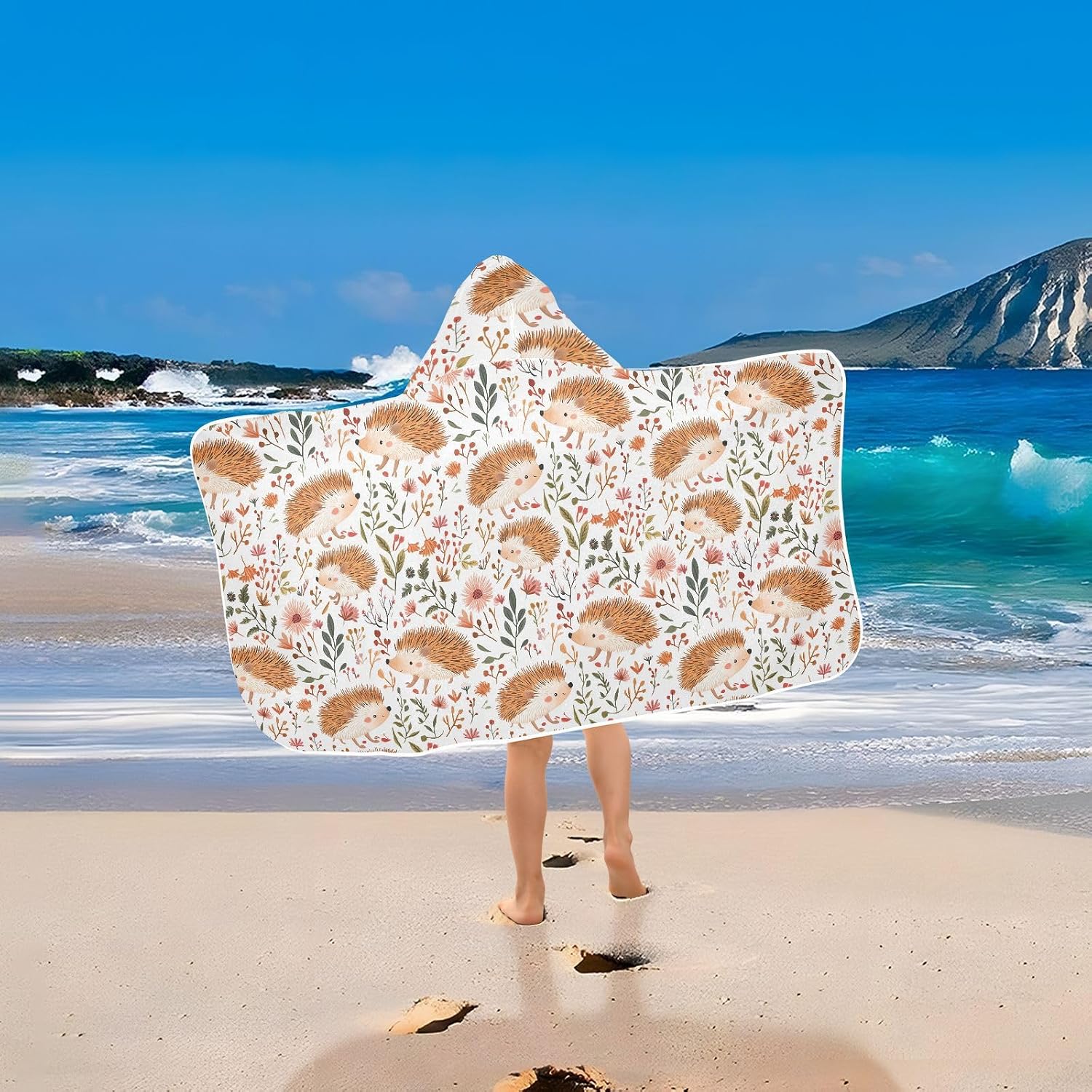 Beach Towels for Kids Funny Hedgehog White Hooded Beach Bath Towel Absorbent Bathing Suit for Girls