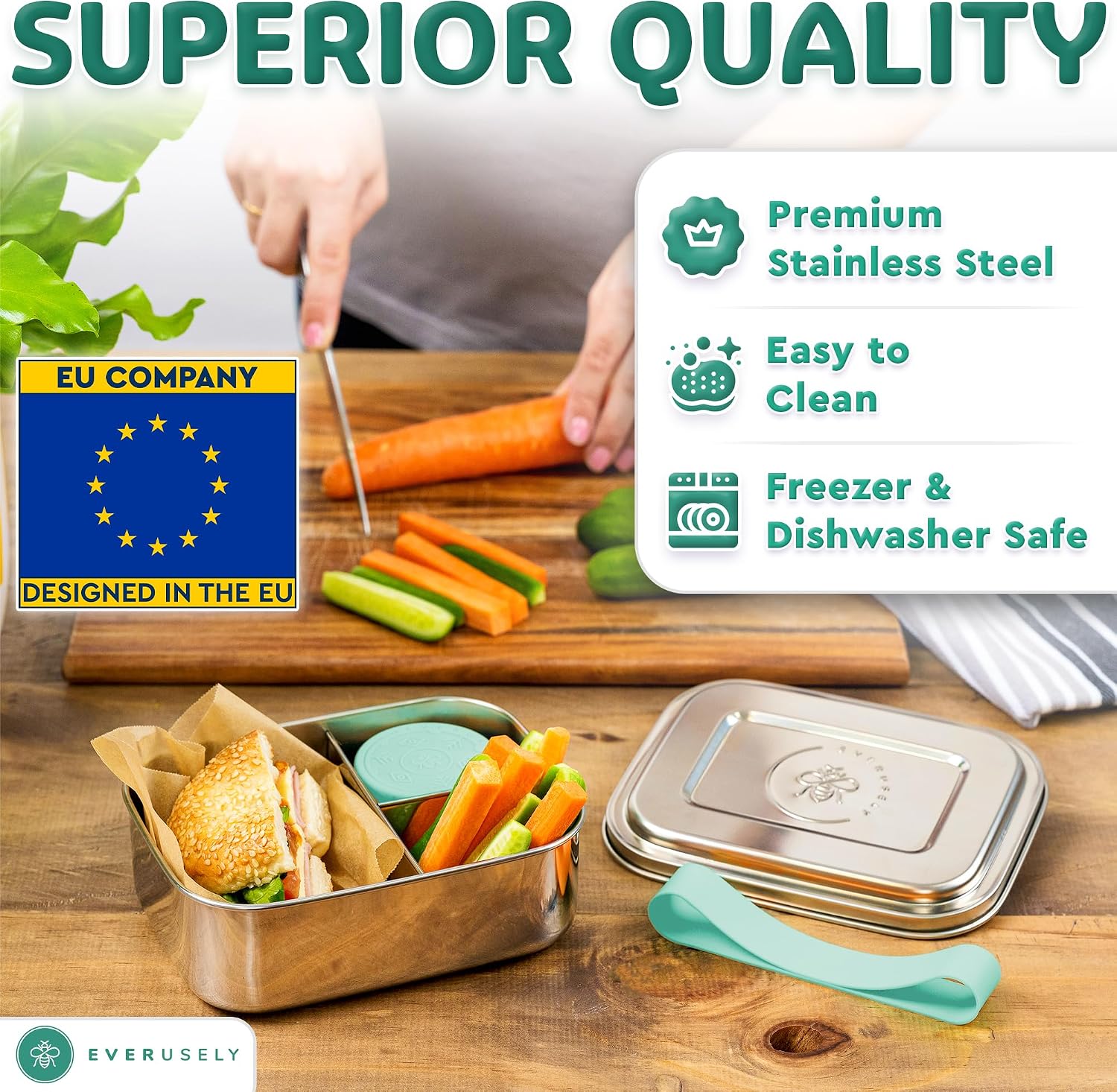 Everusely Pudełko Bento dla dzieci ze stali nierdzewnej, 3 przegródki, metalowe pudełko na - Mise en situation et utilisation