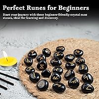 Vista 5 de Crocon Piedras preciosas de turmalina negra Alfabeto Futhark Alfabeto Grabado Runa Piedra 25 Piezas Set para Feng Shui Chakra Equilibrio Reiki