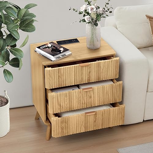 Miniatura 3 de Mesita de noche blanca con 3 cajones con puerto USB y tomas de corriente, mesita de noche con estación de carga y luces LED, mesita de noche con 3