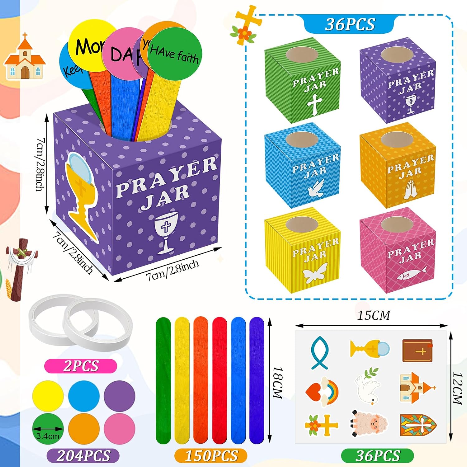 Motipuns 36 Set Sunday School Prayer Box Craft Kits, 2026 DIY Religious Prayer Jar with Wooden Stick, DIY Family Handmade Paper Box for Home Church Christian Jesus Back to School Activities