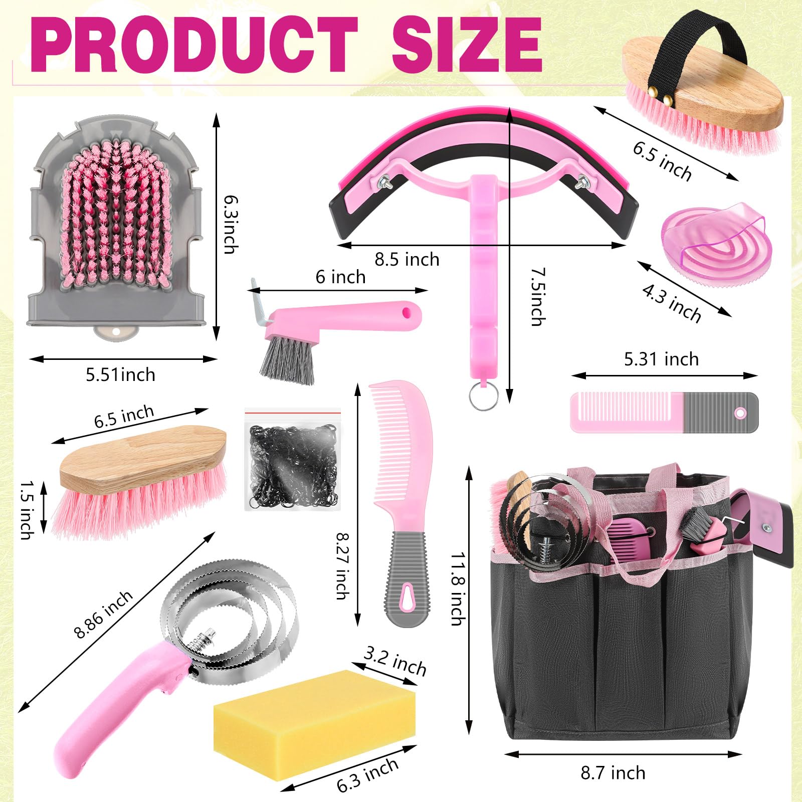 Abbylike Kit da 12 pezzi per la toelettatura dei cavalli, set di spazzole per cavalli Kit di pulizia per la cura degli equini, strumenti massaggianti con borsa (rosa e grigio)