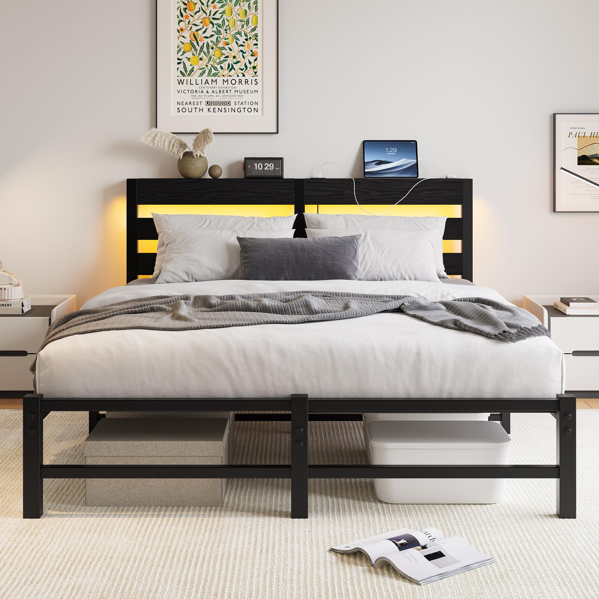 VERFARM Bett 140x200 cm mit LED, Metallbett mit USB-Ladestation & Holzkopfteil mit Stauraum, Gästebett Jugendbett Doppelbett Bettrahmen mit Stauraum unter dem Bett, Schwarz