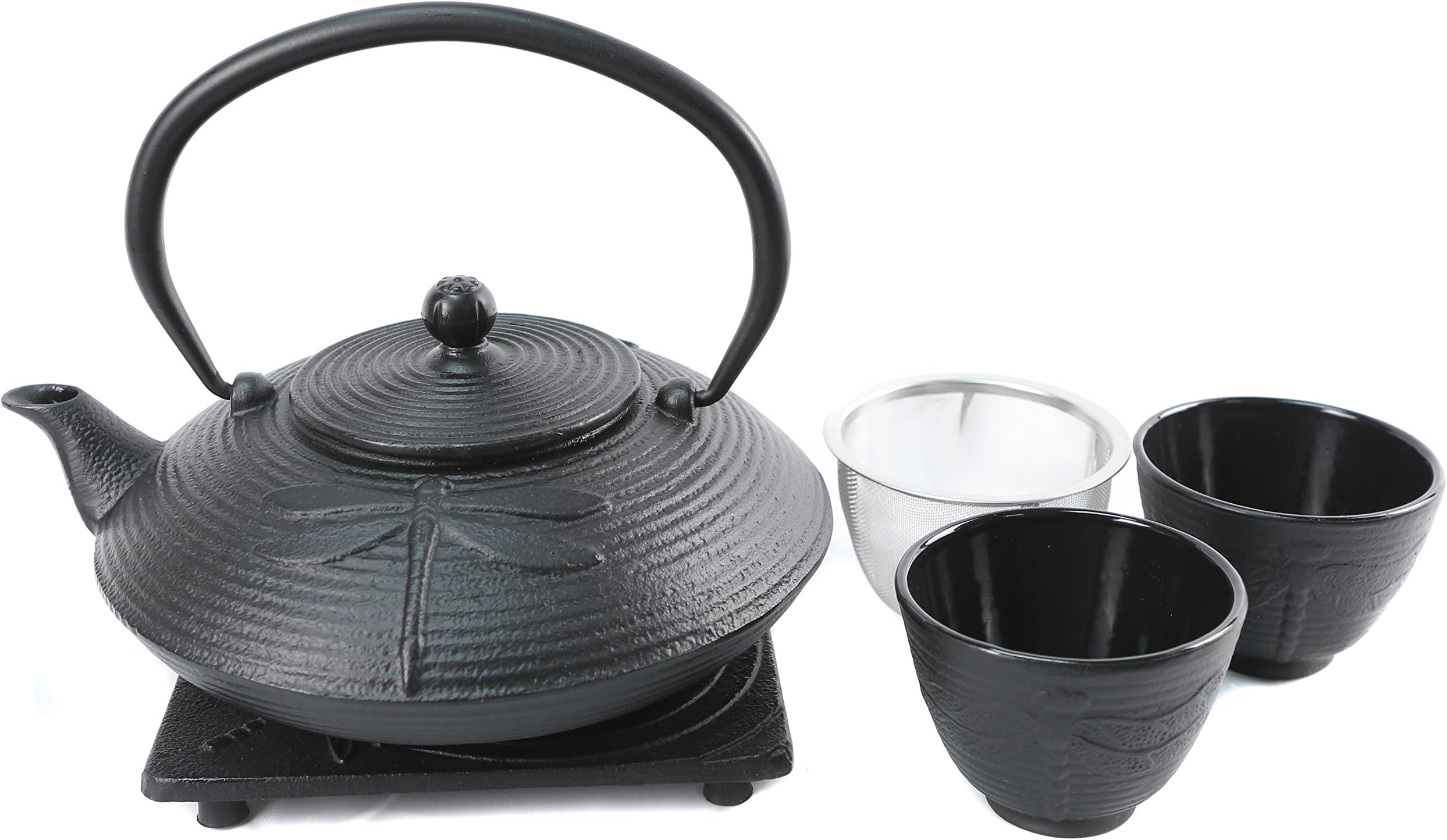 Cuisiland Dragonfly Cast Iron Teapot Set with 2 Cups 27oz Black