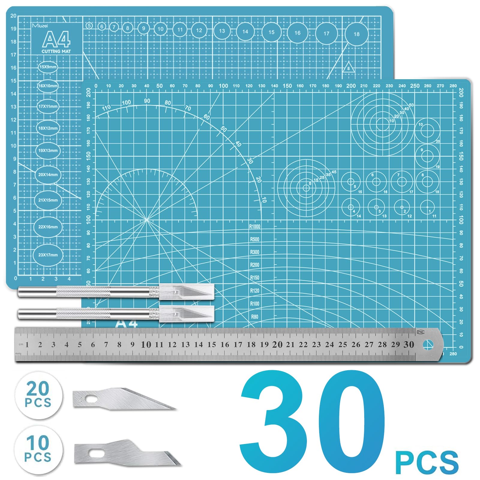 Miuzei Set di tappetini da taglio, formato A4, con righello in acciaio e 30 coltelli da artigianato, autorigenerante, tappetino da disegno (blu)